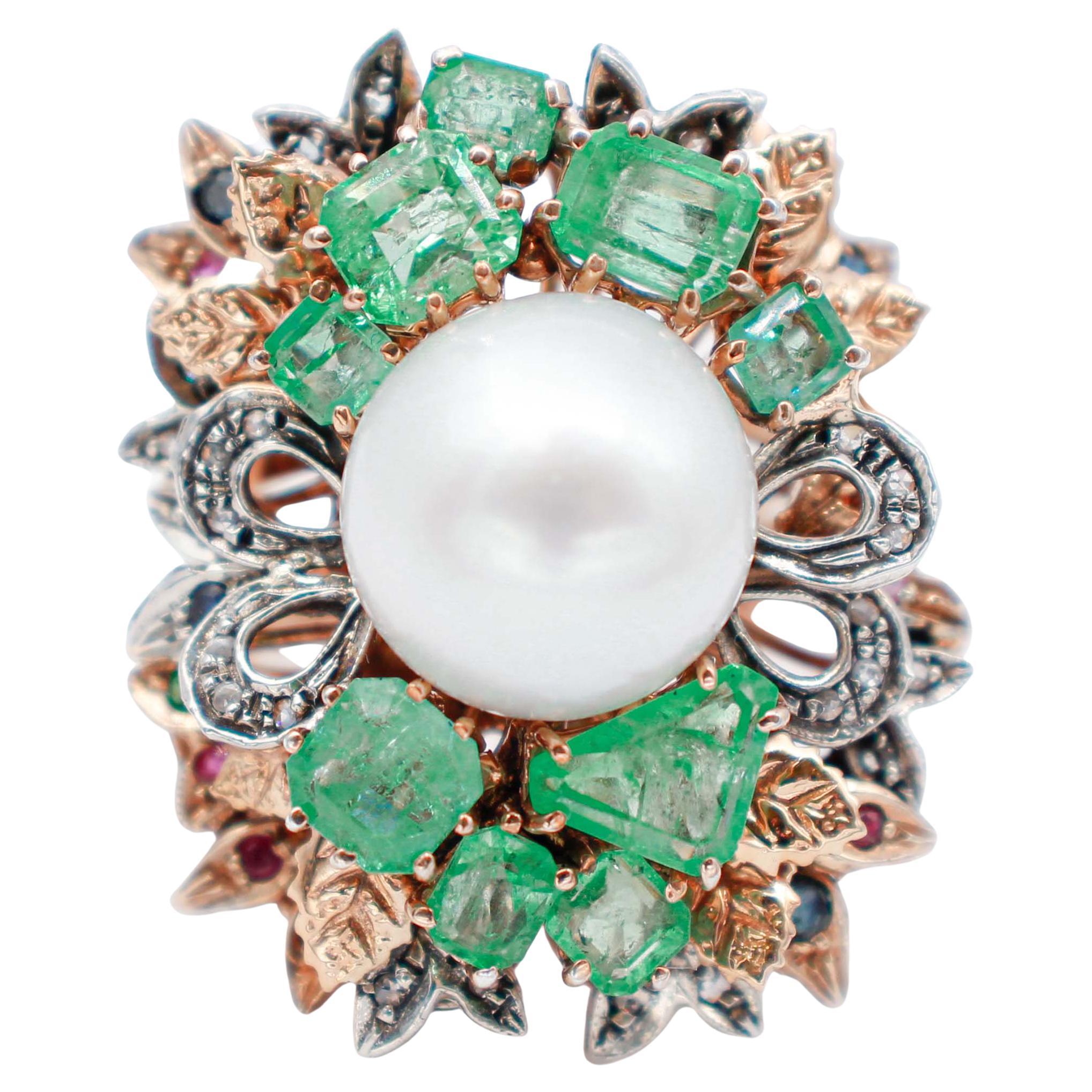 South-Sea Pearl Diamonds Emeralds Sapphires Rubies 9Kt Rose Gold and Silver Ring