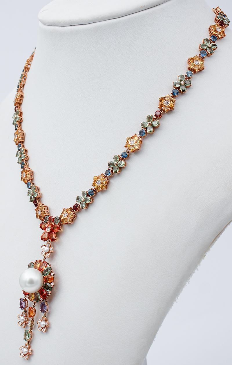 Retro South-Sea Pearl, Diamonds, Multicolor Sapphires, 14 Karat Rose Gold Necklace
