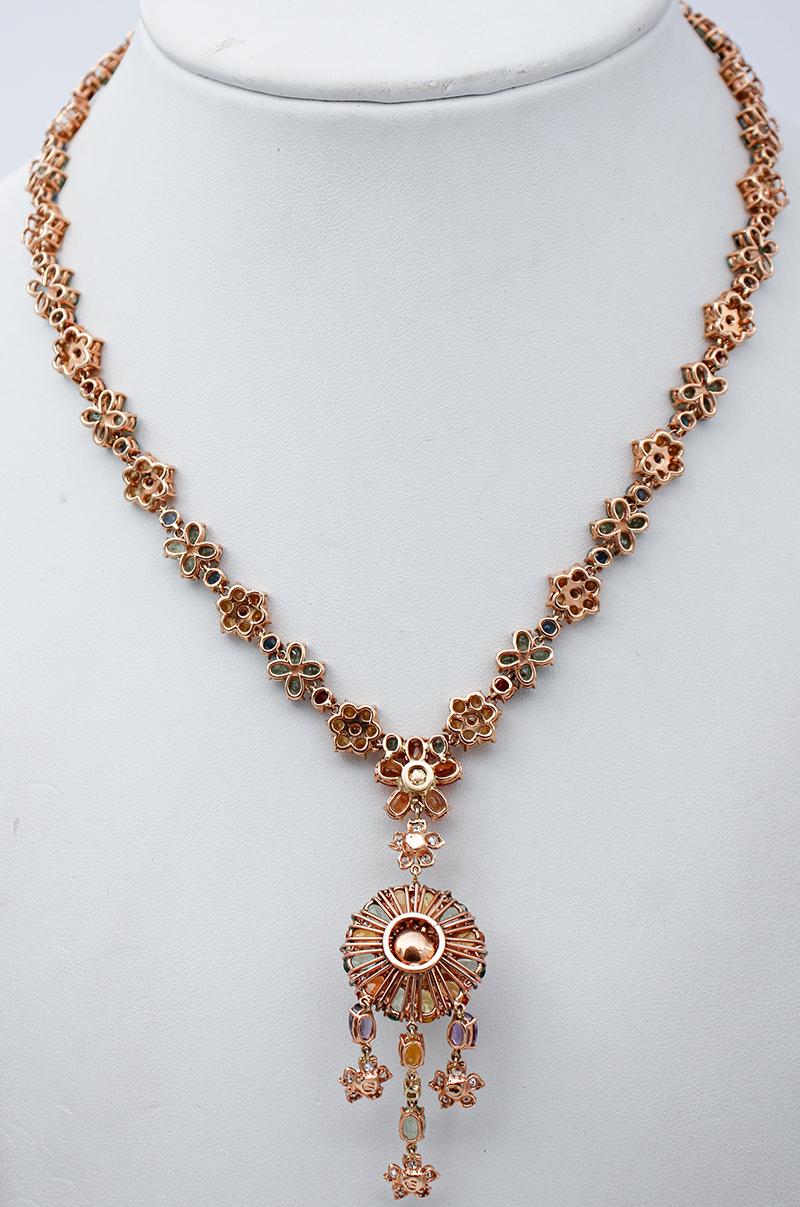 Mixed Cut South-Sea Pearl, Diamonds, Multicolor Sapphires, 14 Karat Rose Gold Necklace
