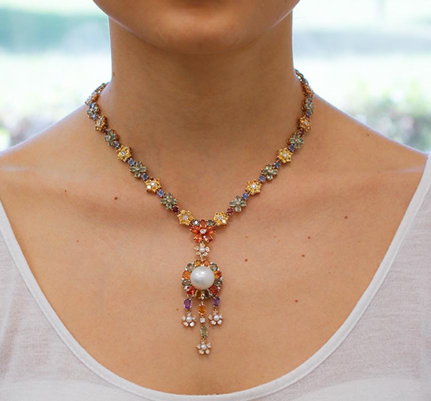 Women's South-Sea Pearl, Diamonds, Multicolor Sapphires, 14 Karat Rose Gold Necklace