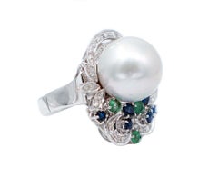 South-Sea Pearl, Emerlads, Sapphires, Diamonds, 14 Karat White Gold Ring