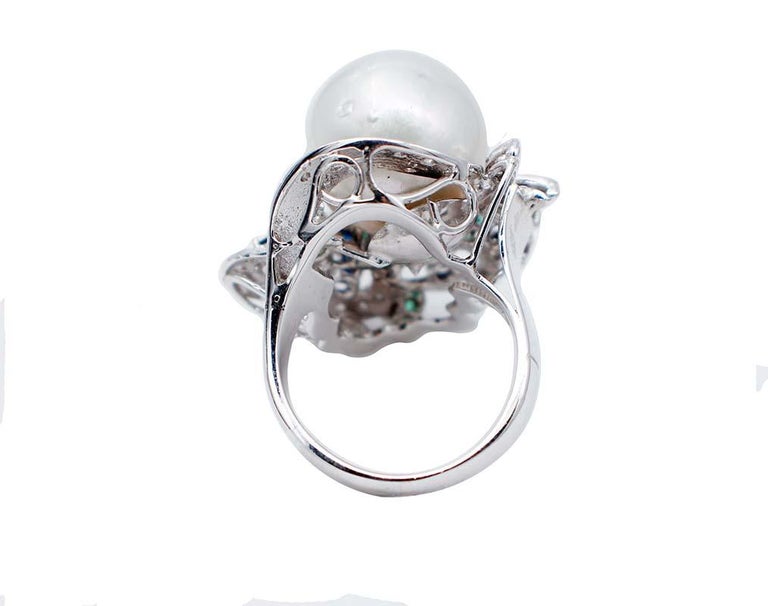 Retro South-Sea Pearl, Emerlads, Sapphires, Diamonds, 14 Karat White Gold Ring For Sale