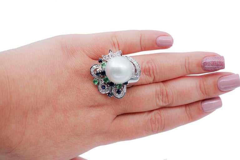 Mixed Cut South-Sea Pearl, Emerlads, Sapphires, Diamonds, 14 Karat White Gold Ring For Sale