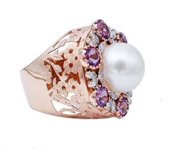 South-Sea Pearl, Amethysts, Diamonds, 14Kt White and Rose Gold Ring