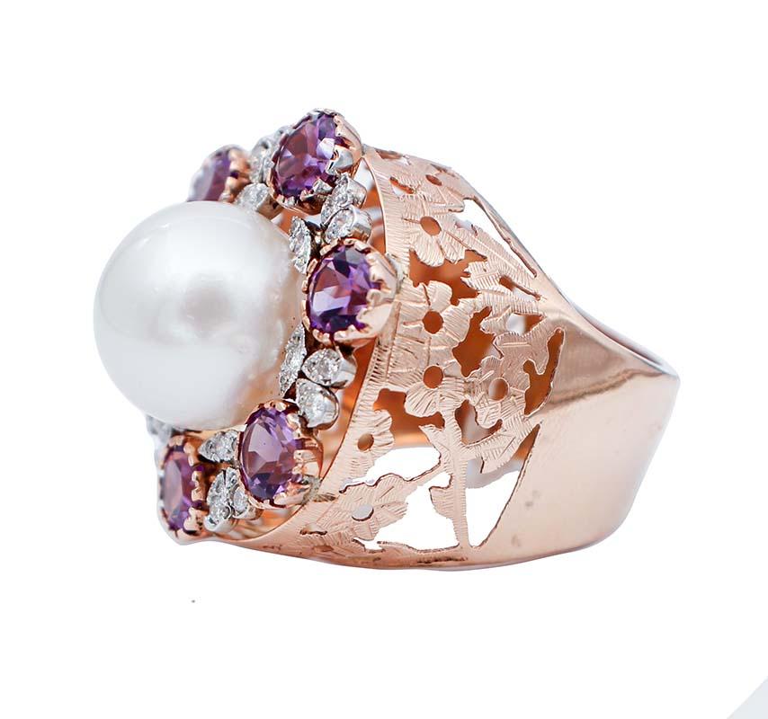 Retro South-Sea Pearl, Amethysts, Diamonds, 14Kt White and Rose Gold Ring For Sale