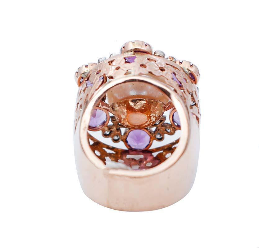 Mixed Cut South-Sea Pearl, Amethysts, Diamonds, 14Kt White and Rose Gold Ring For Sale