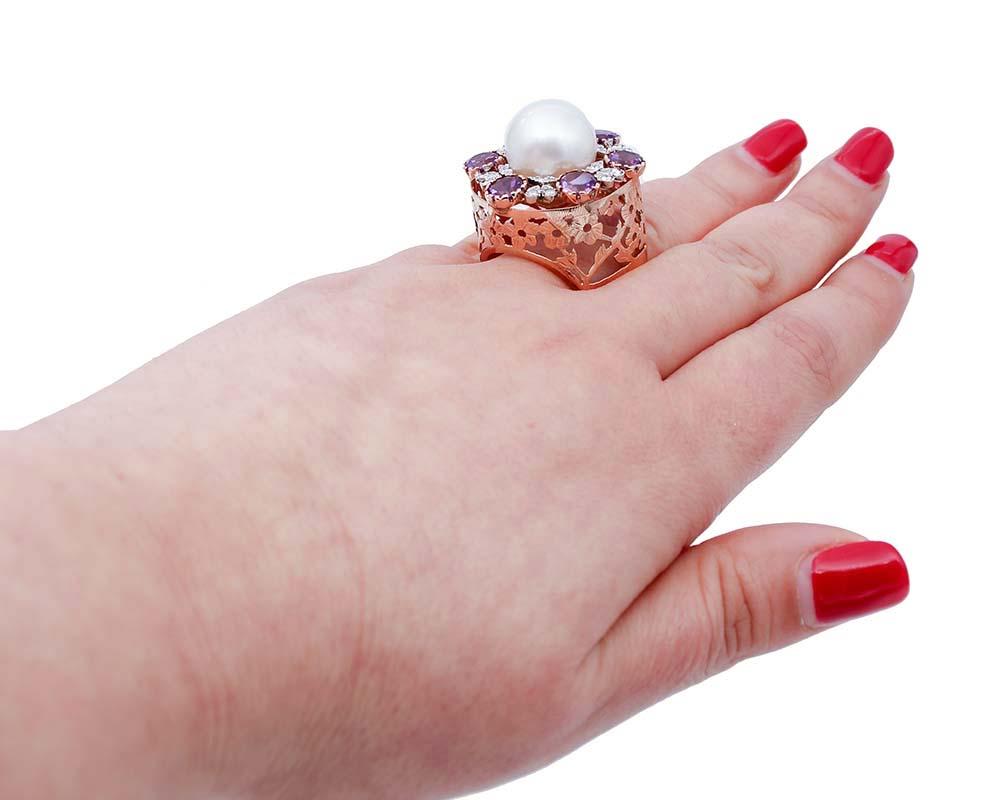 Women's South-Sea Pearl, Amethysts, Diamonds, 14Kt White and Rose Gold Ring For Sale