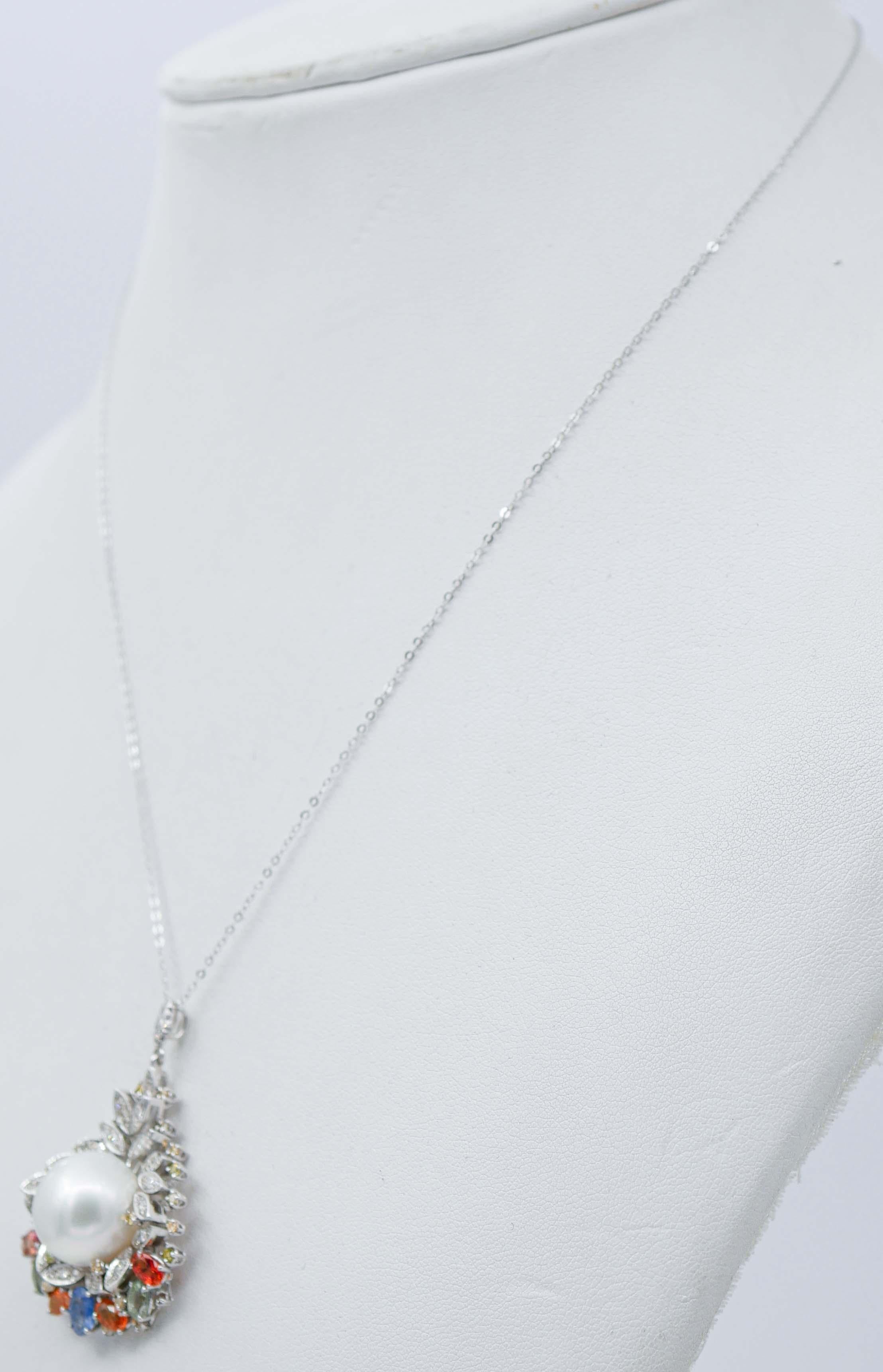 Retro South-Sea Pearl, Multicolor Sapphires, Diamonds, 14 Kt Gold Pendant Necklace