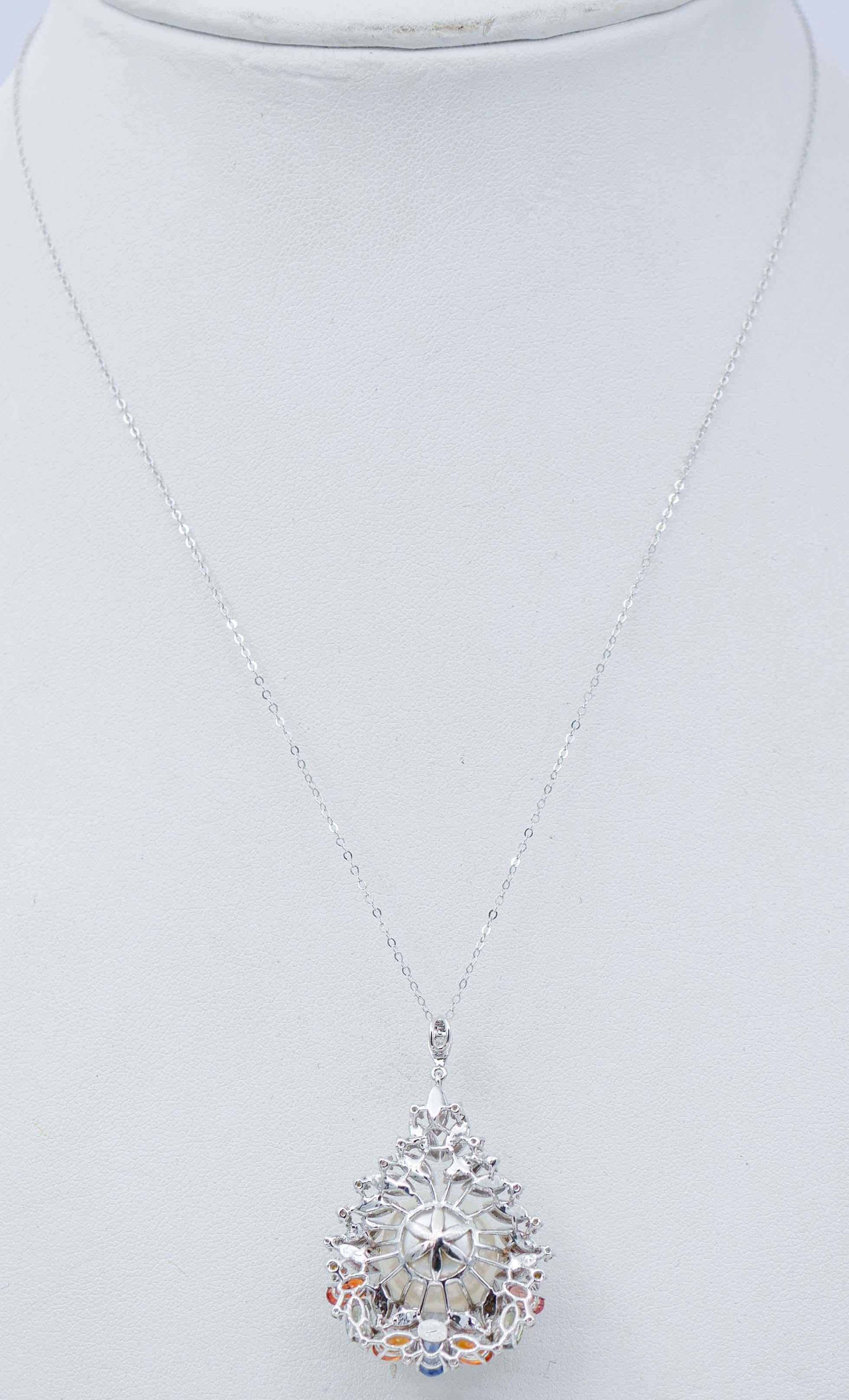 Mixed Cut South-Sea Pearl, Multicolor Sapphires, Diamonds, 14 Kt Gold Pendant Necklace