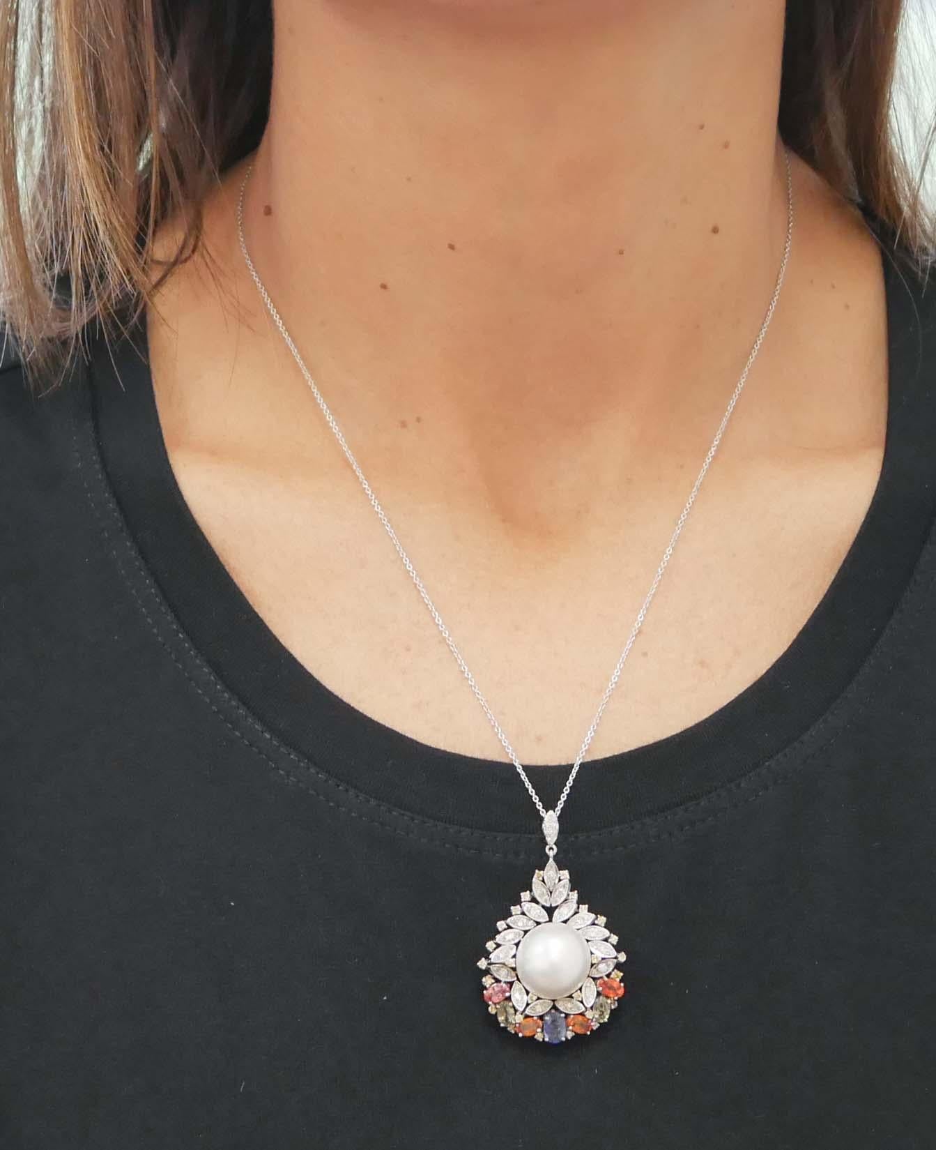 Women's South-Sea Pearl, Multicolor Sapphires, Diamonds, 14 Kt Gold Pendant Necklace