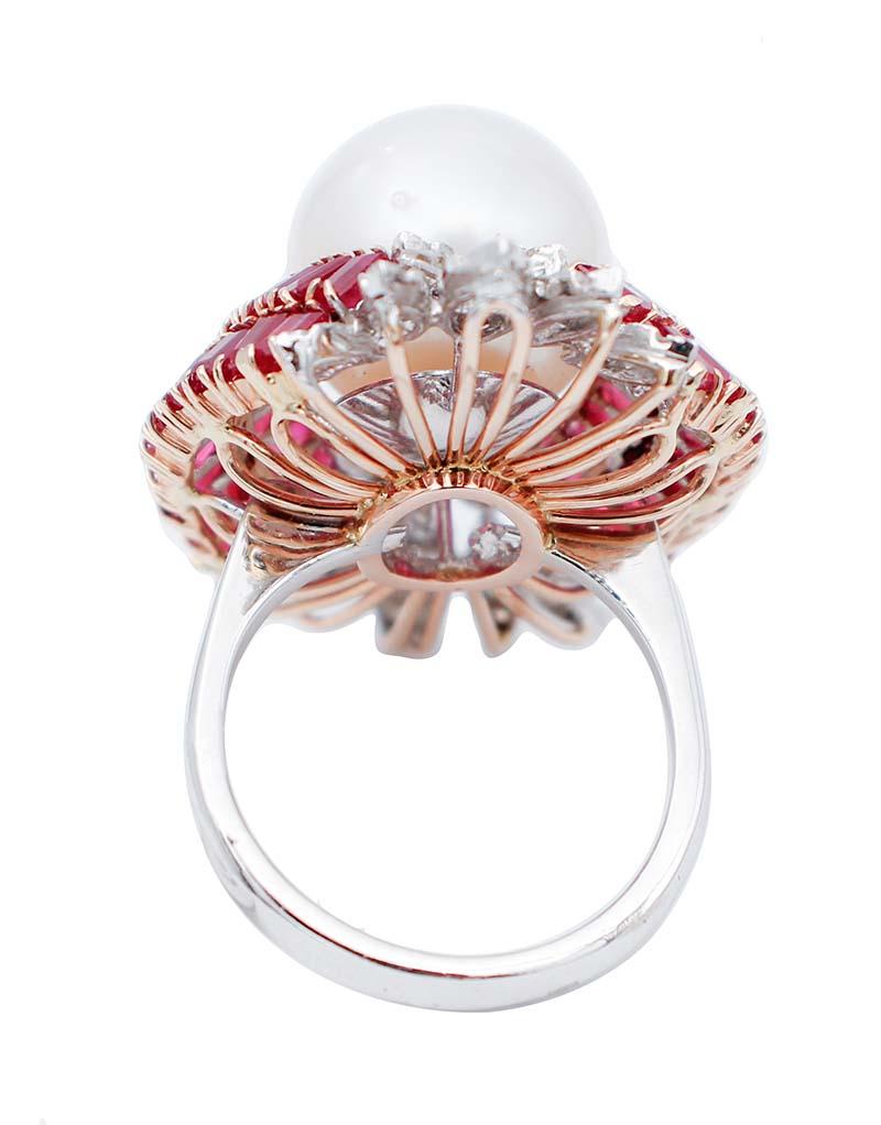 Retro South-Sea Pearl, Rubies, Diamonds, 14 Karat White and Rose Gold Ring