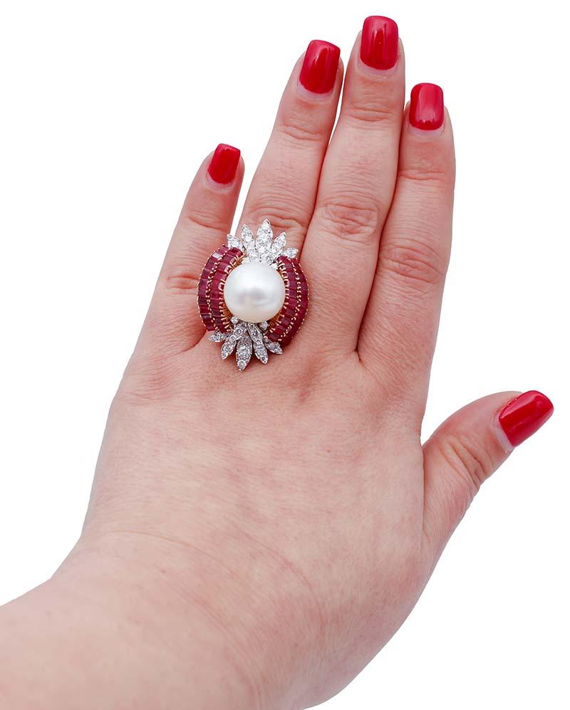 Mixed Cut South-Sea Pearl, Rubies, Diamonds, 14 Karat White and Rose Gold Ring