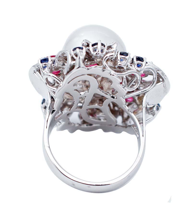 Retro South-Sea Pearl, Rubies, Sapphires, Diamonds, 14 Karat White Gold Ring