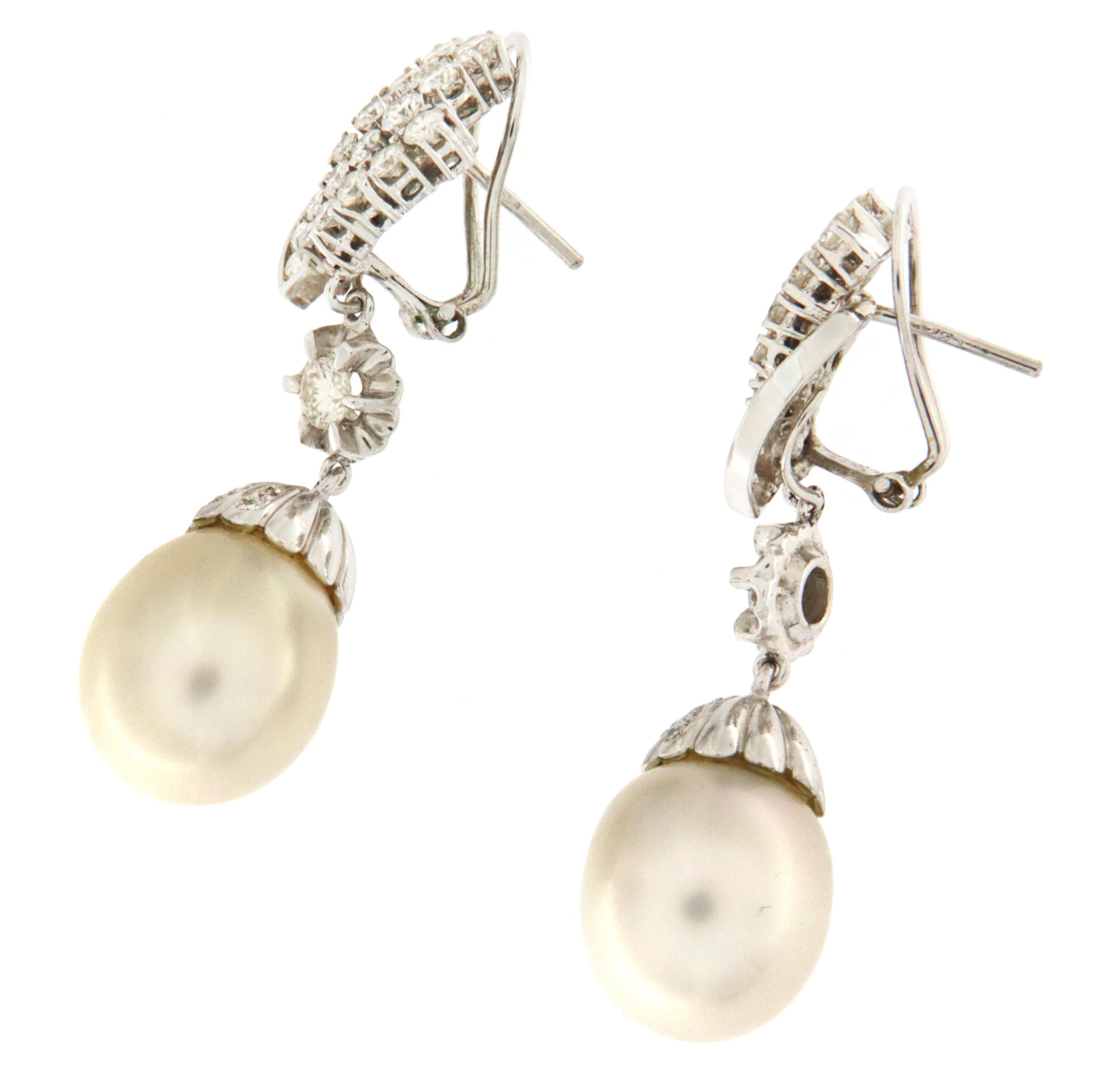 Artisan South Sea Pearls 18 Karat White Gold Diamonds Drop Earrings For Sale