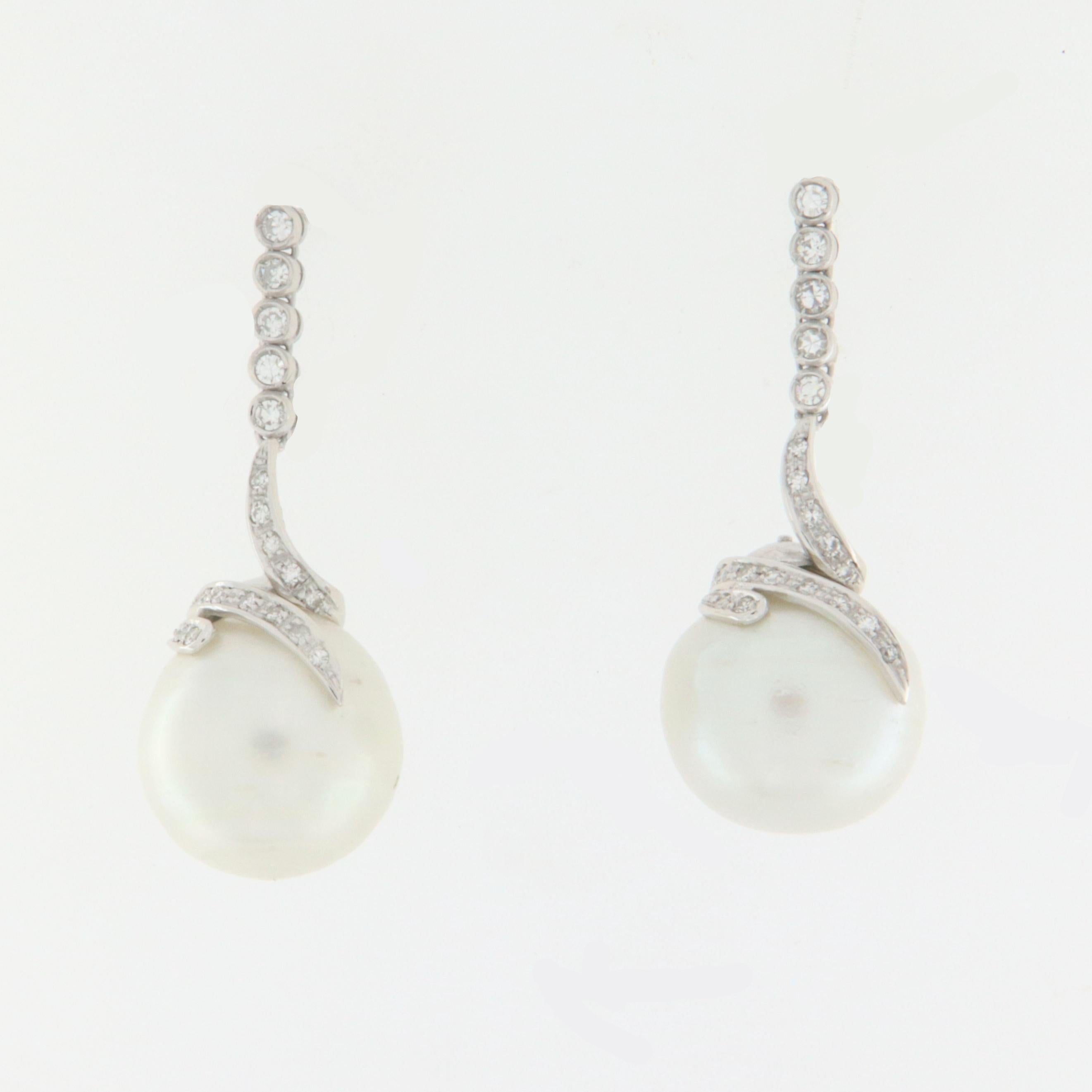 Brilliant Cut South Sea Pearls 18 Karat White Gold Diamonds Drop Earrings For Sale