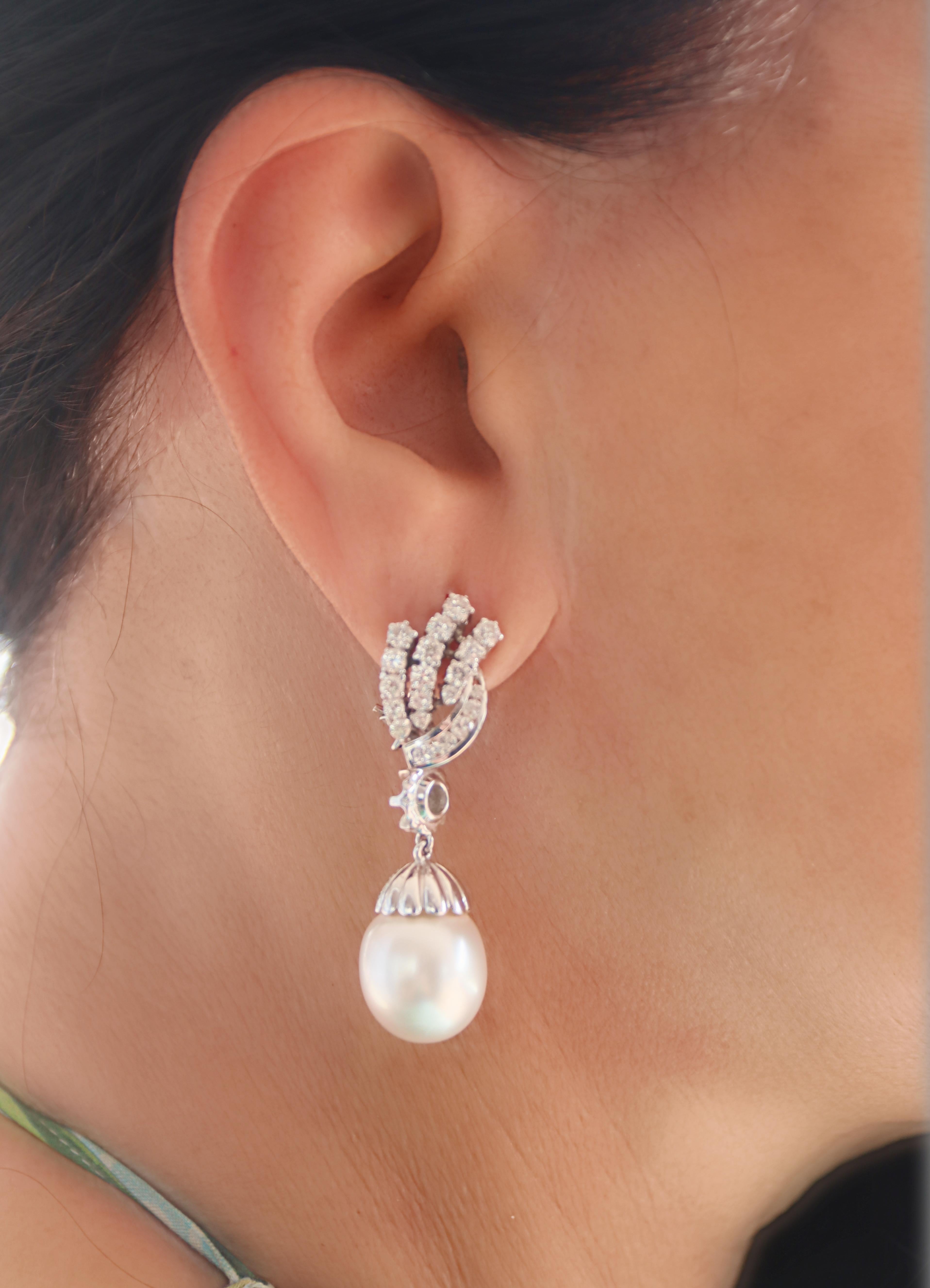 South Sea Pearls 18 Karat White Gold Diamonds Drop Earrings In New Condition For Sale In Marcianise, IT