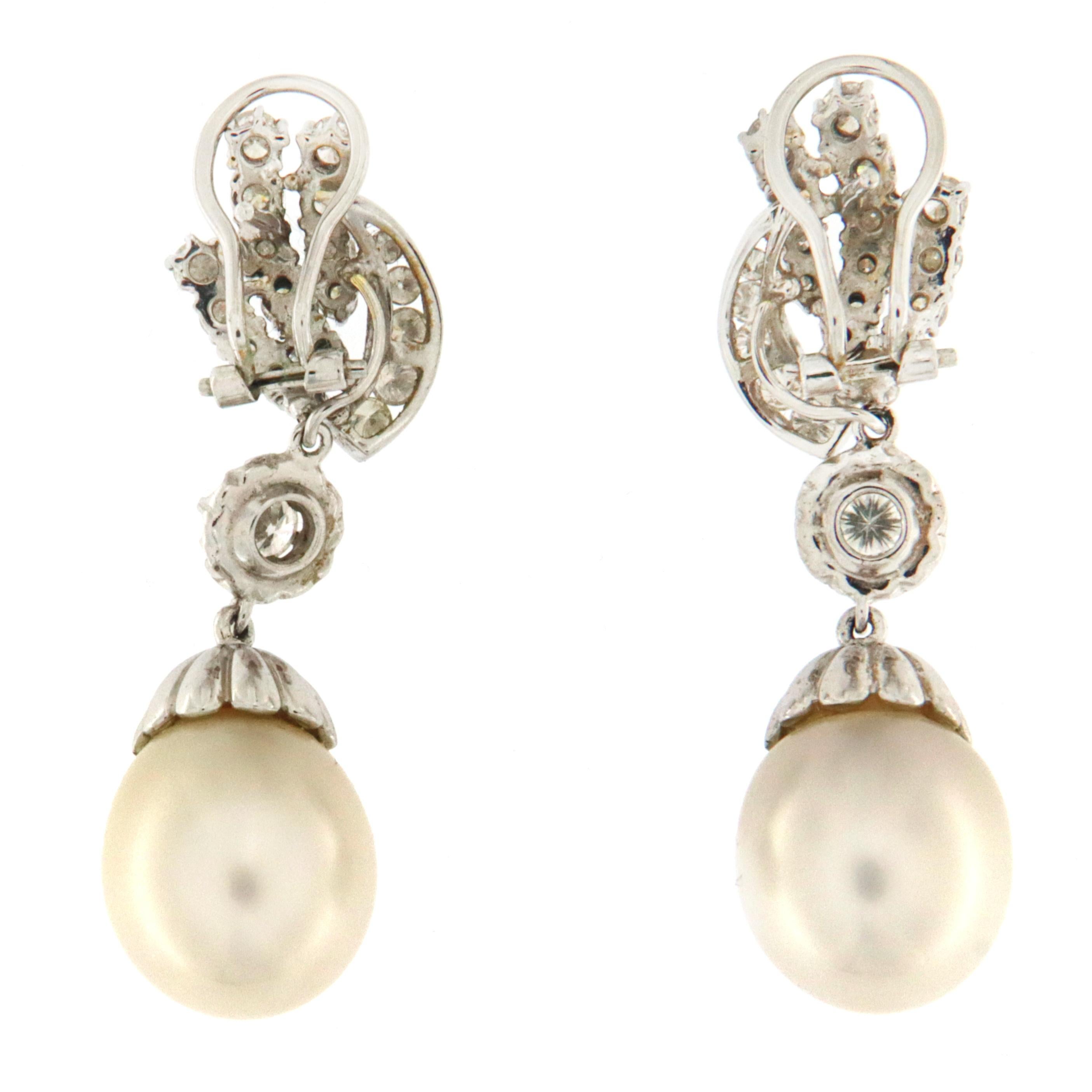 Women's South Sea Pearls 18 Karat White Gold Diamonds Drop Earrings For Sale