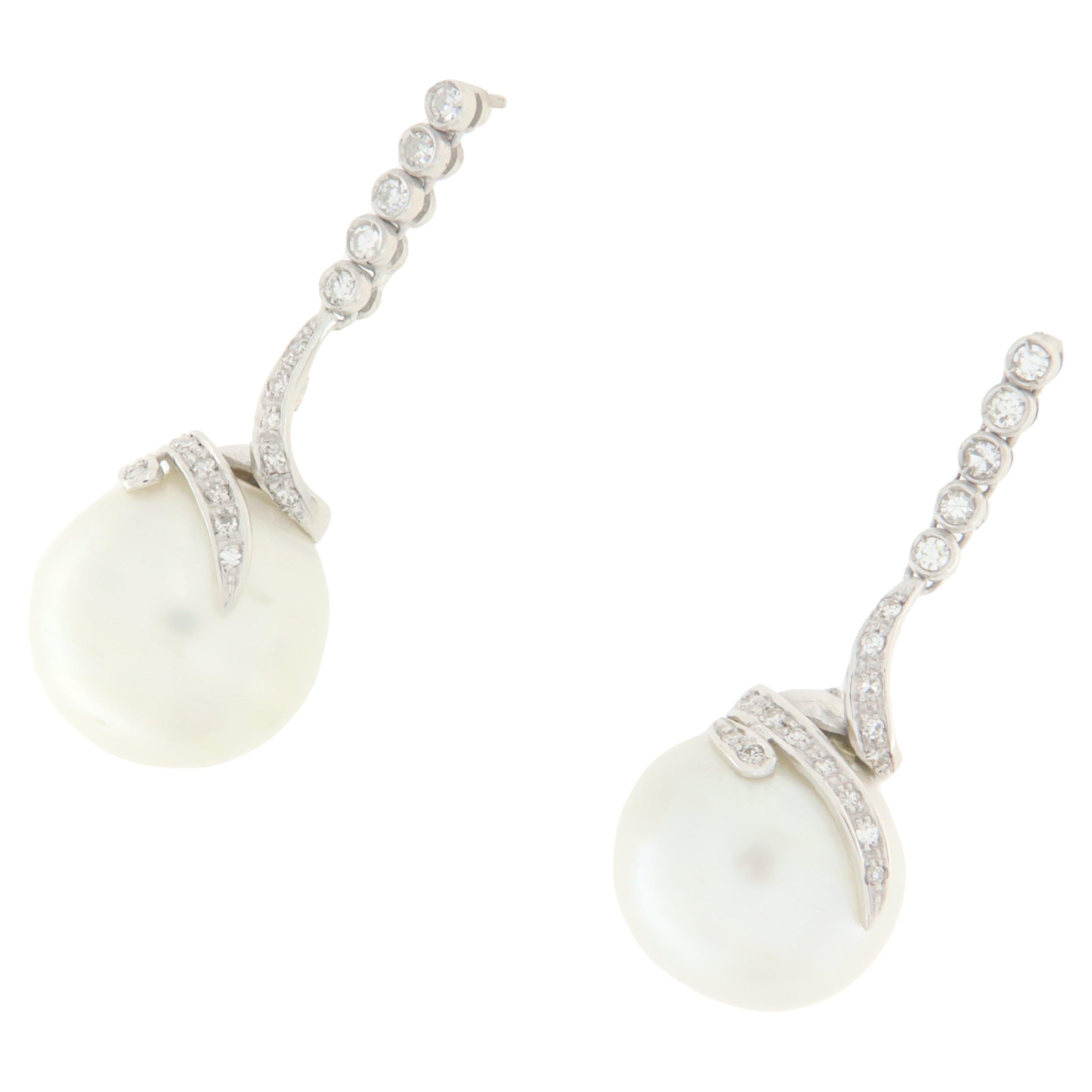 South Sea Pearls 18 Karat White Gold Diamonds Drop Earrings