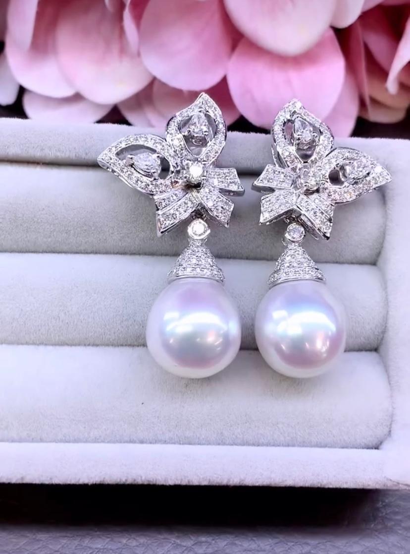 Mixed Cut South Sea Pearls  1.90 Ct Diamonds 18k Gold Earrings For Sale