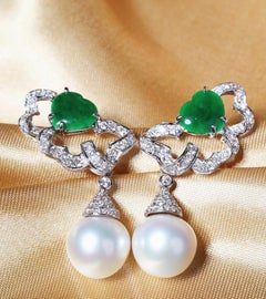 South Sea Pearls 3.50 Ct Natural Jades & Diamonds 18K Gold Earrings