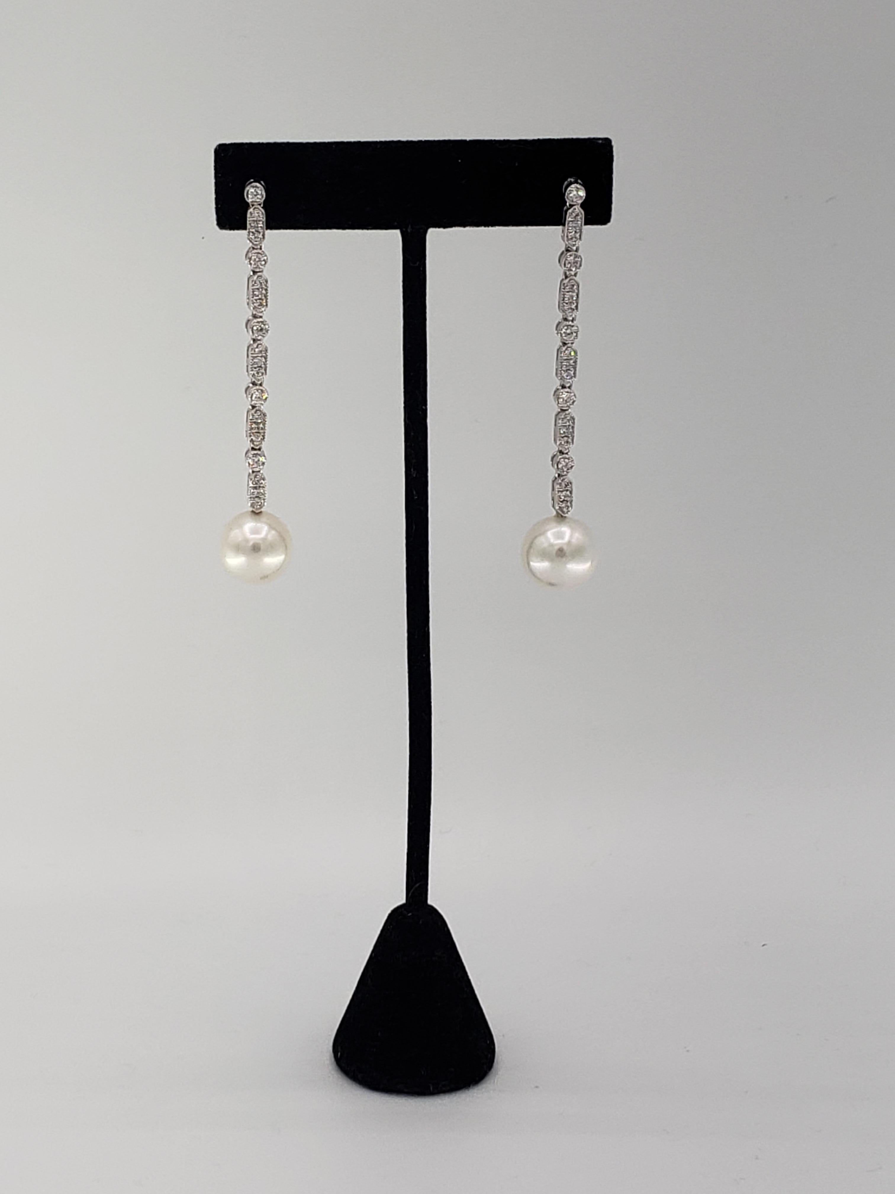 NEW South Sea Pearls Perfectly Round AAAA Grade Dangling Diamond Earrings For Sale 2