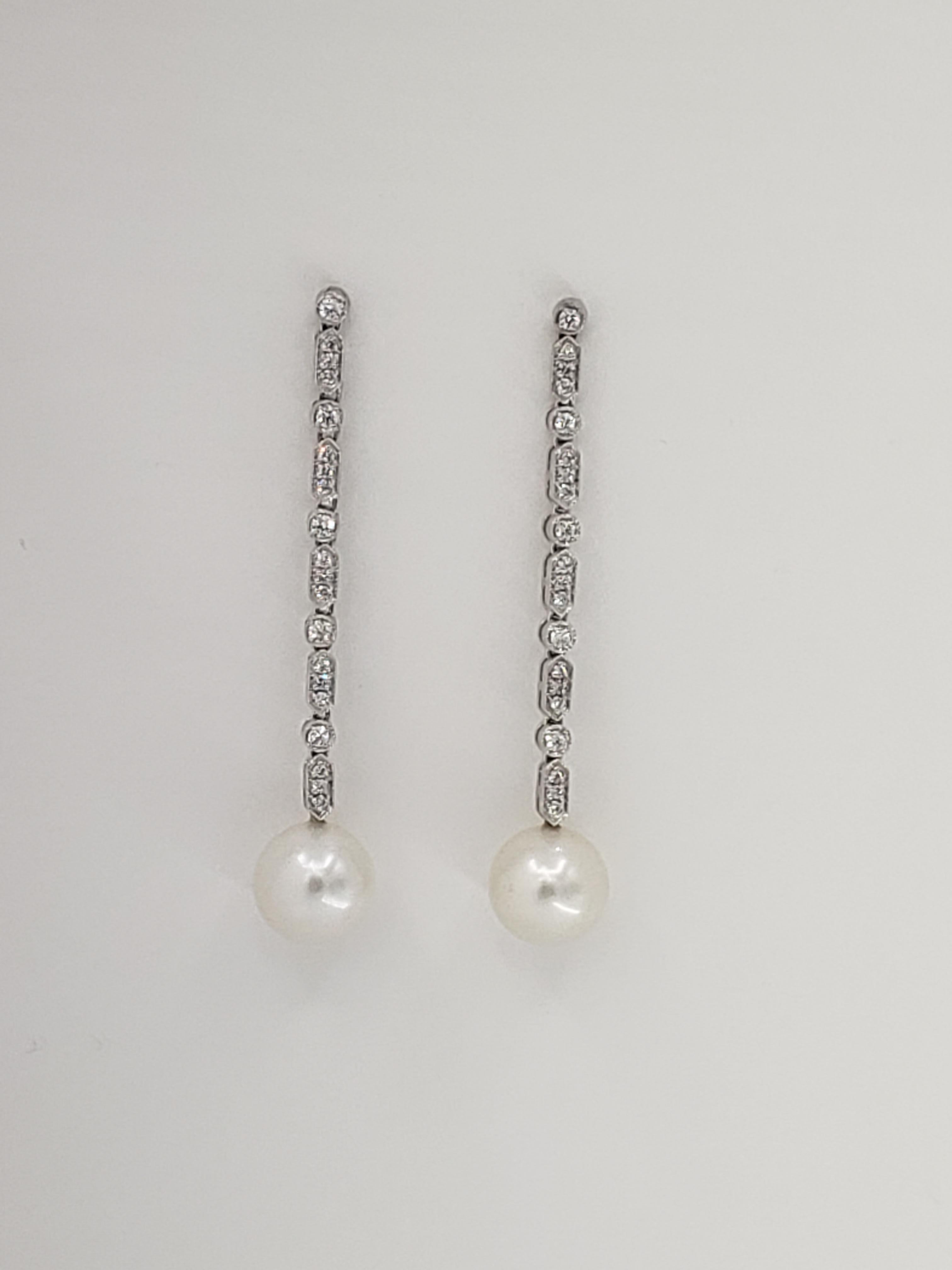 NEW South Sea Pearls Perfectly Round AAAA Grade Dangling Diamond Earrings For Sale 3