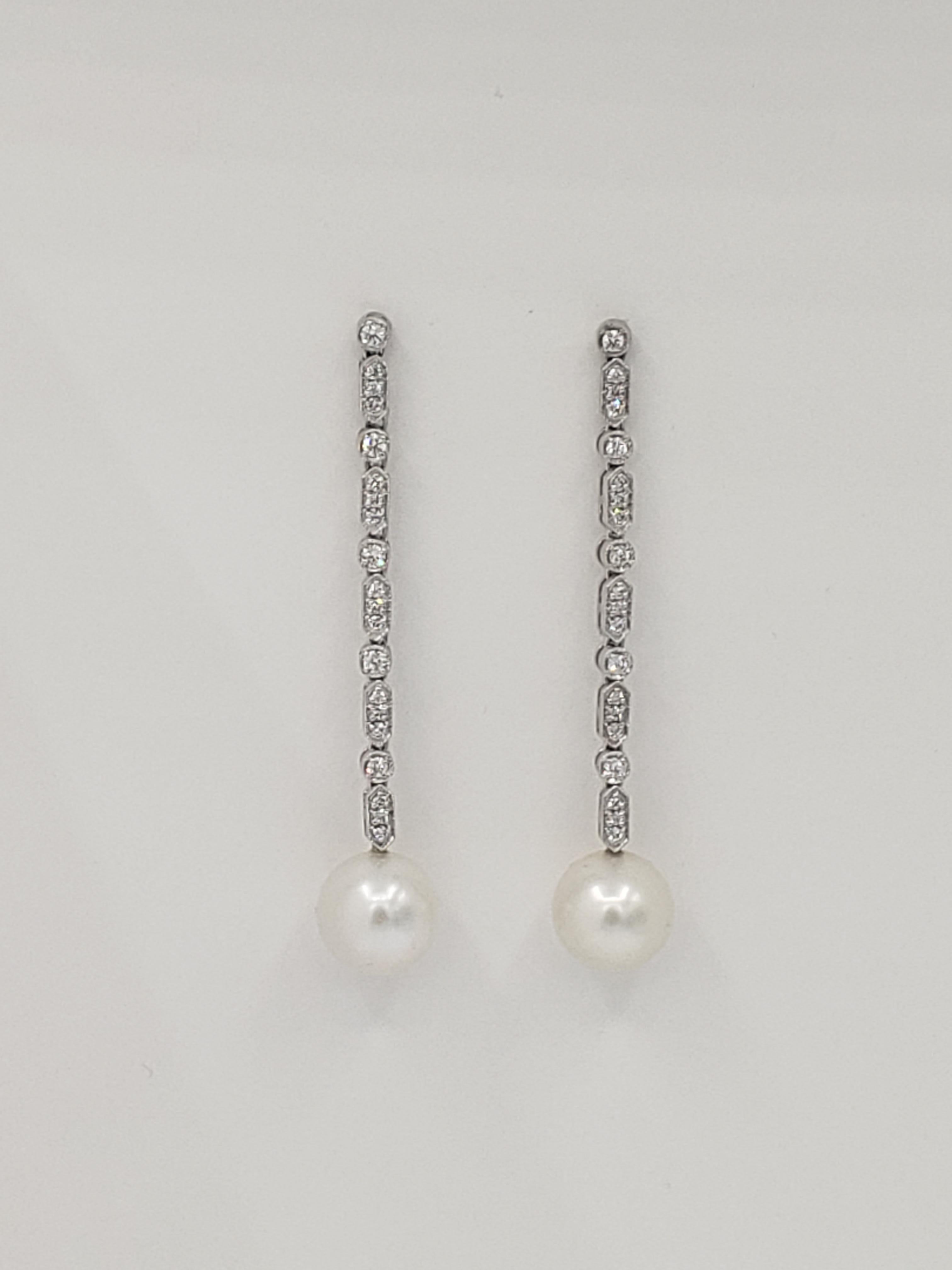 Victorian NEW South Sea Pearls Perfectly Round AAAA Grade Dangling Diamond Earrings For Sale