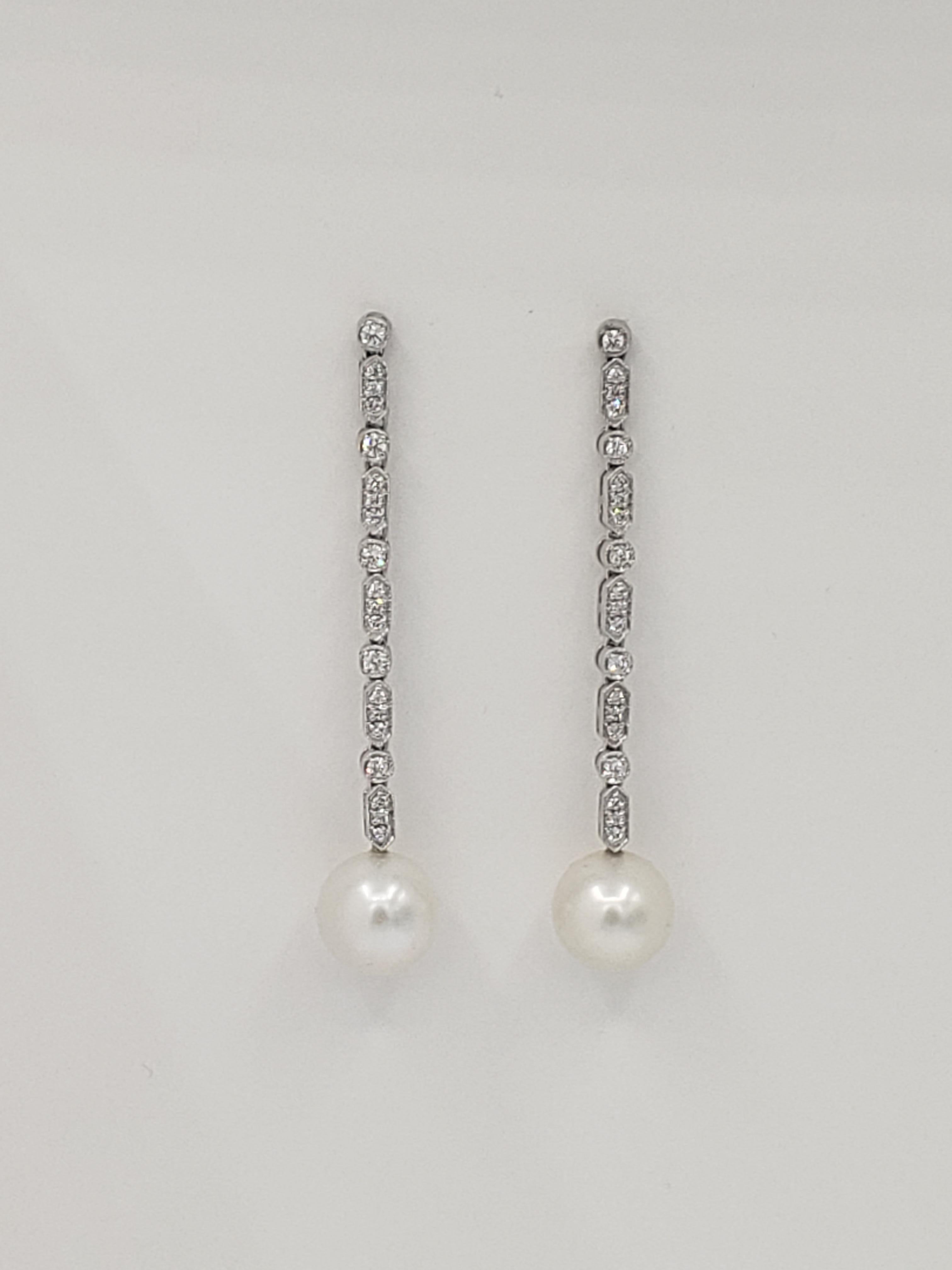 Victorian NEW South Sea Pearls Perfectly Round AAAA Grade Dangling Diamond Earrings