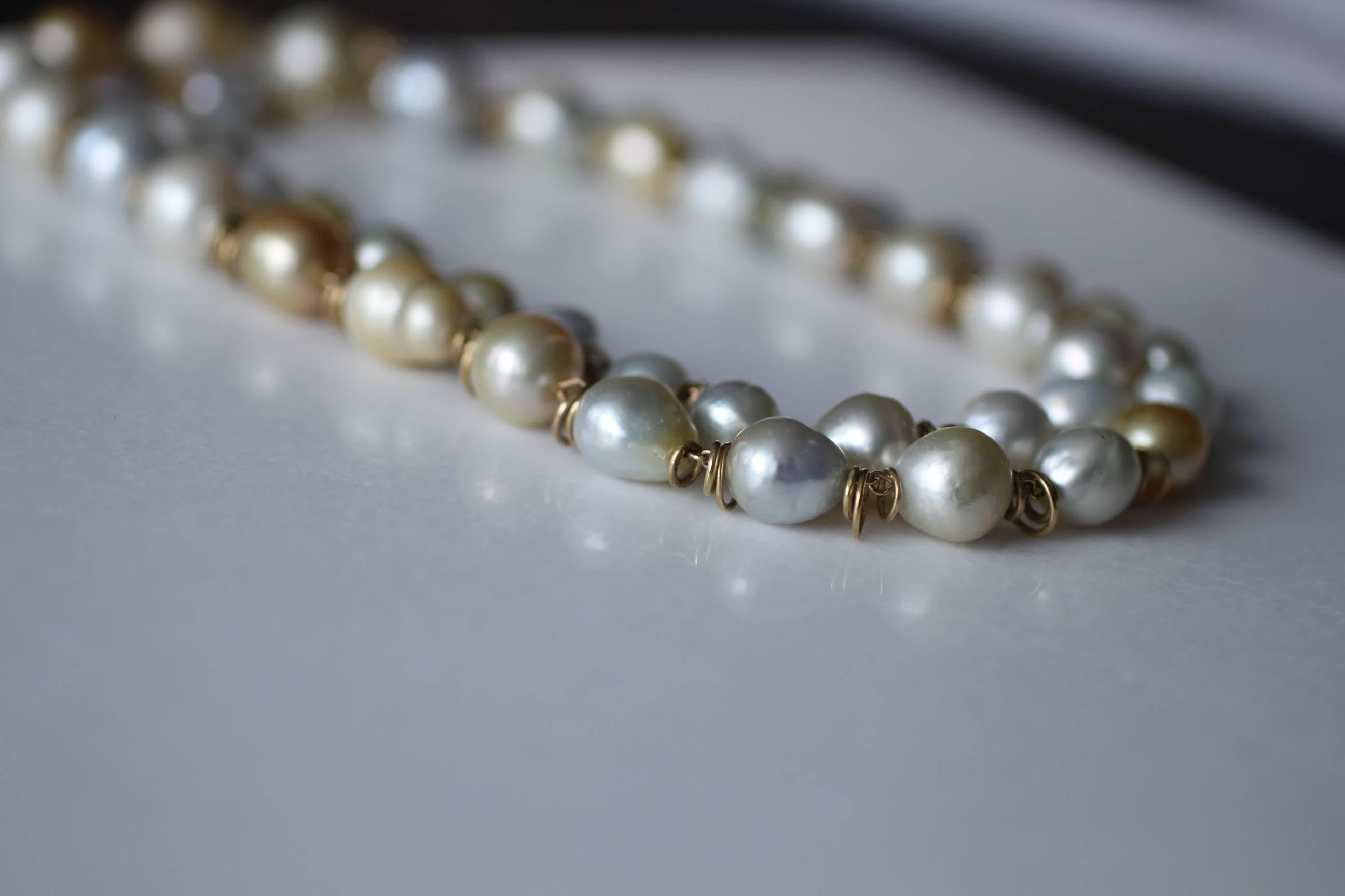 South Sea Pearls 18K Gold Beaded Link Necklace, White and Golden Baroque Pearls 4