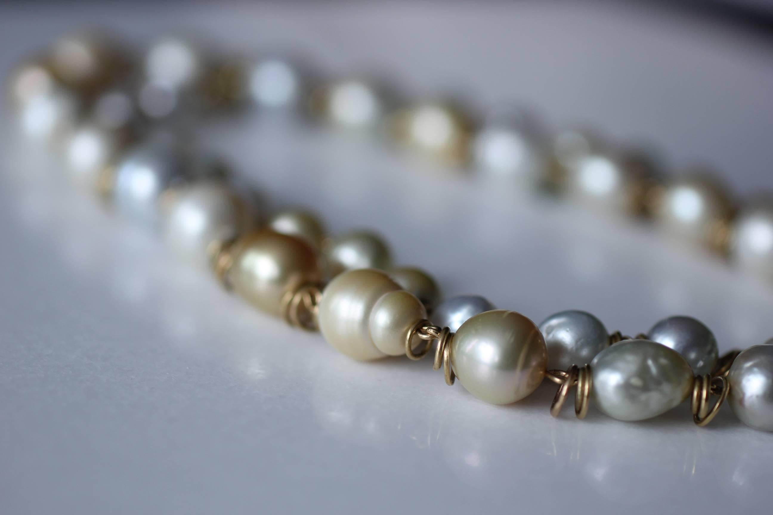 South Sea Pearls 18K Gold Beaded Link Necklace, White and Golden Baroque Pearls 5