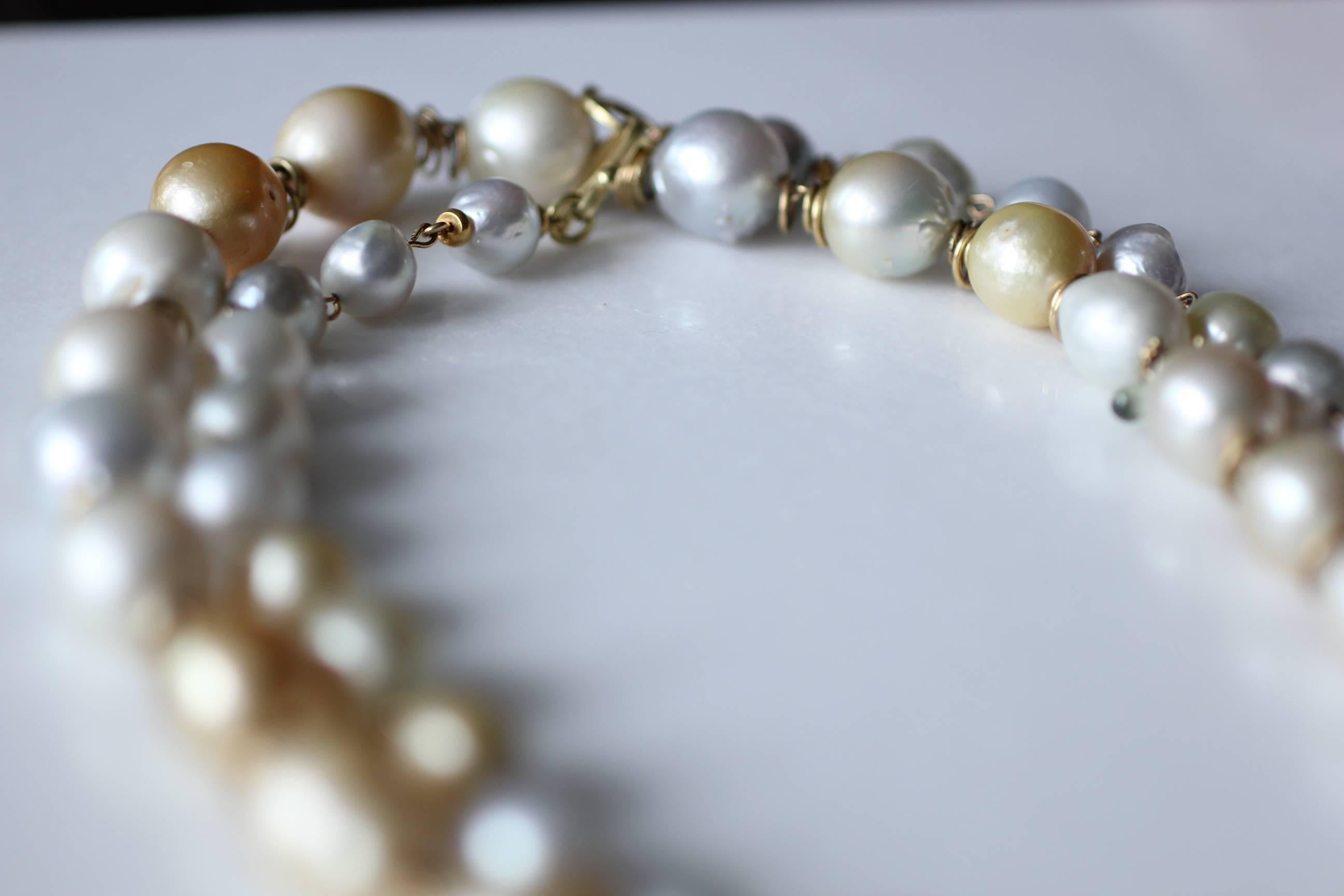 South Sea Pearls 18K Gold Beaded Link Necklace, White and Golden Baroque Pearls 6