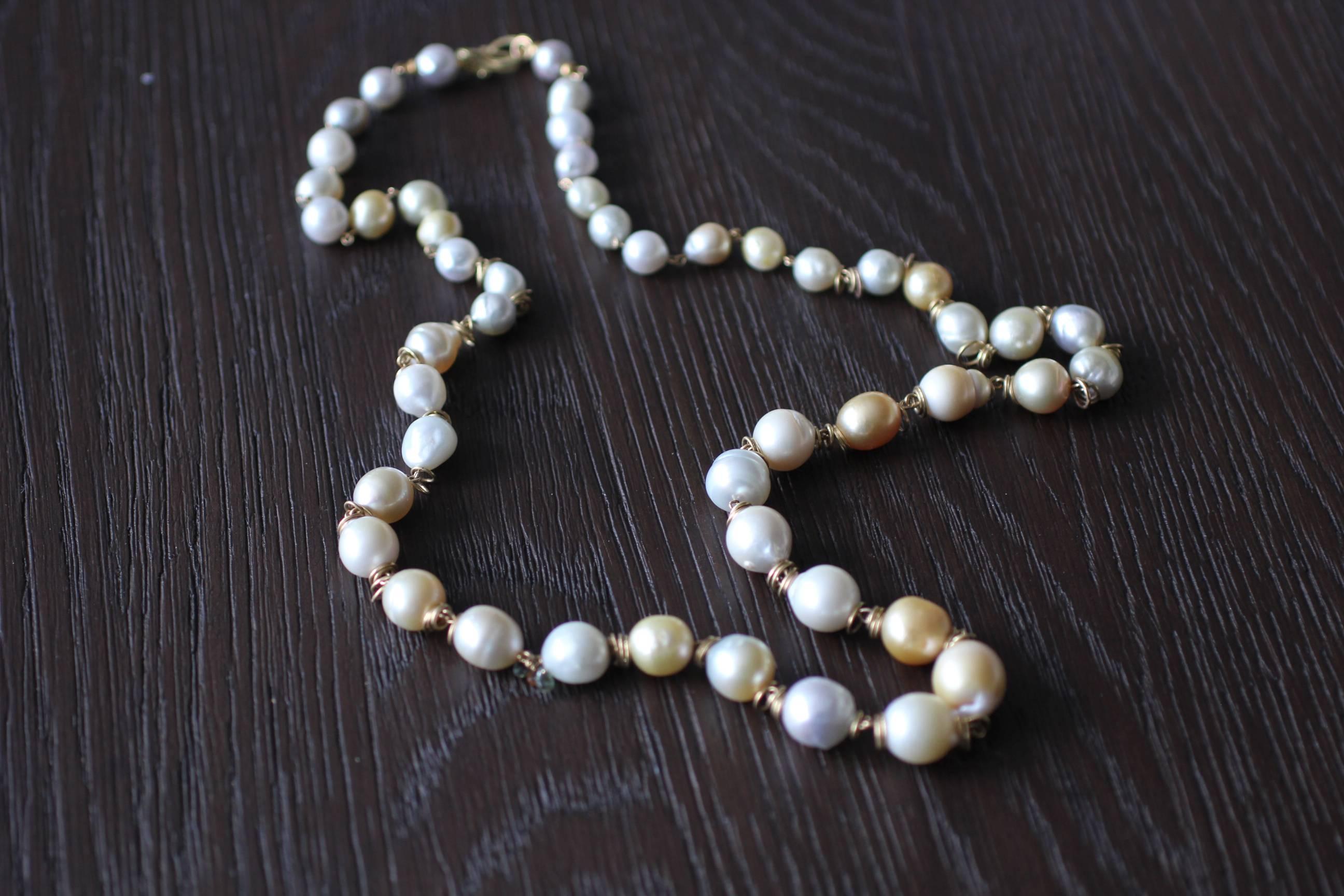 South Sea Pearls 18K Gold Beaded Link Necklace, White and Golden Baroque Pearls 7