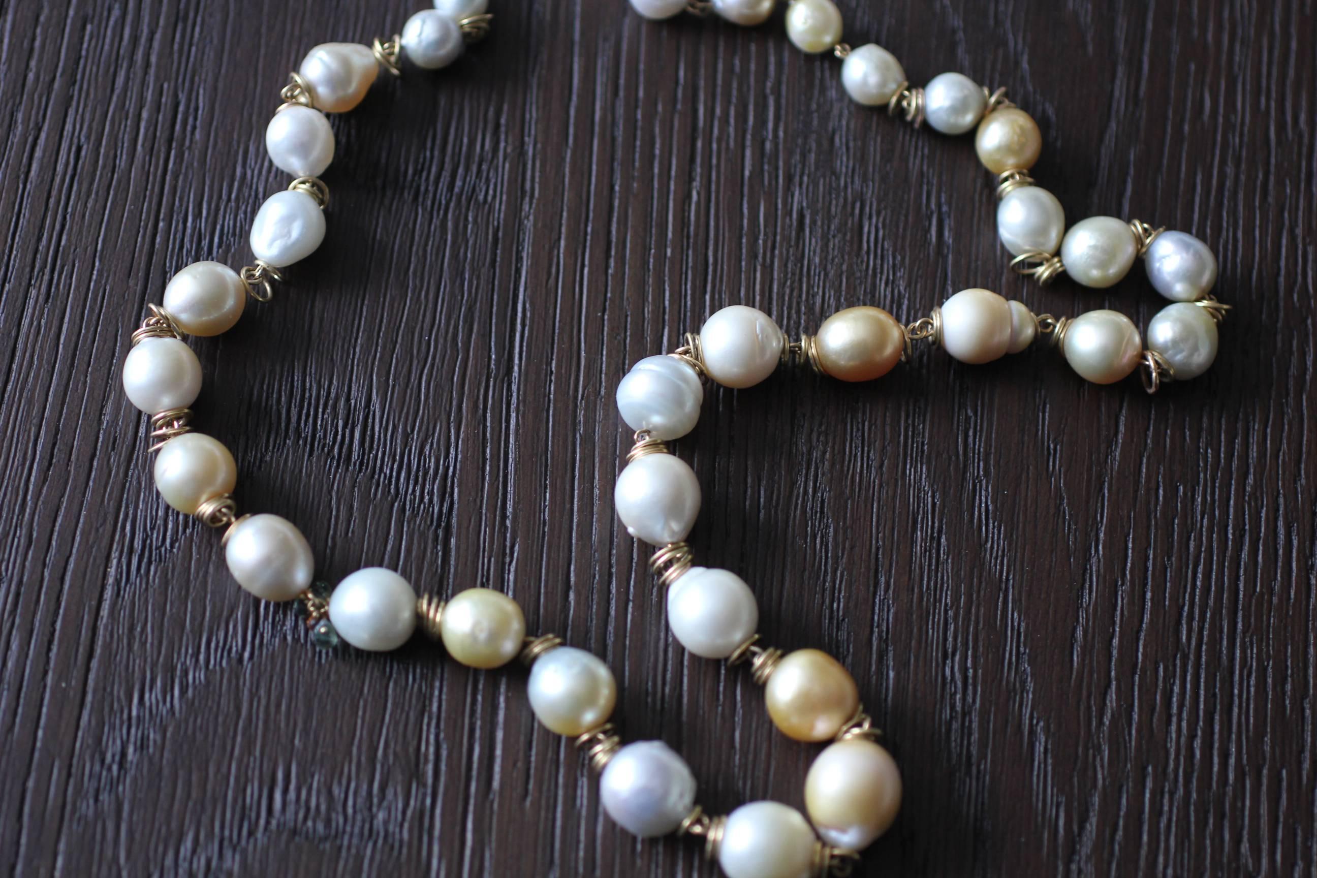 South Sea Pearls 18K Gold Beaded Link Necklace, White and Golden Baroque Pearls 8