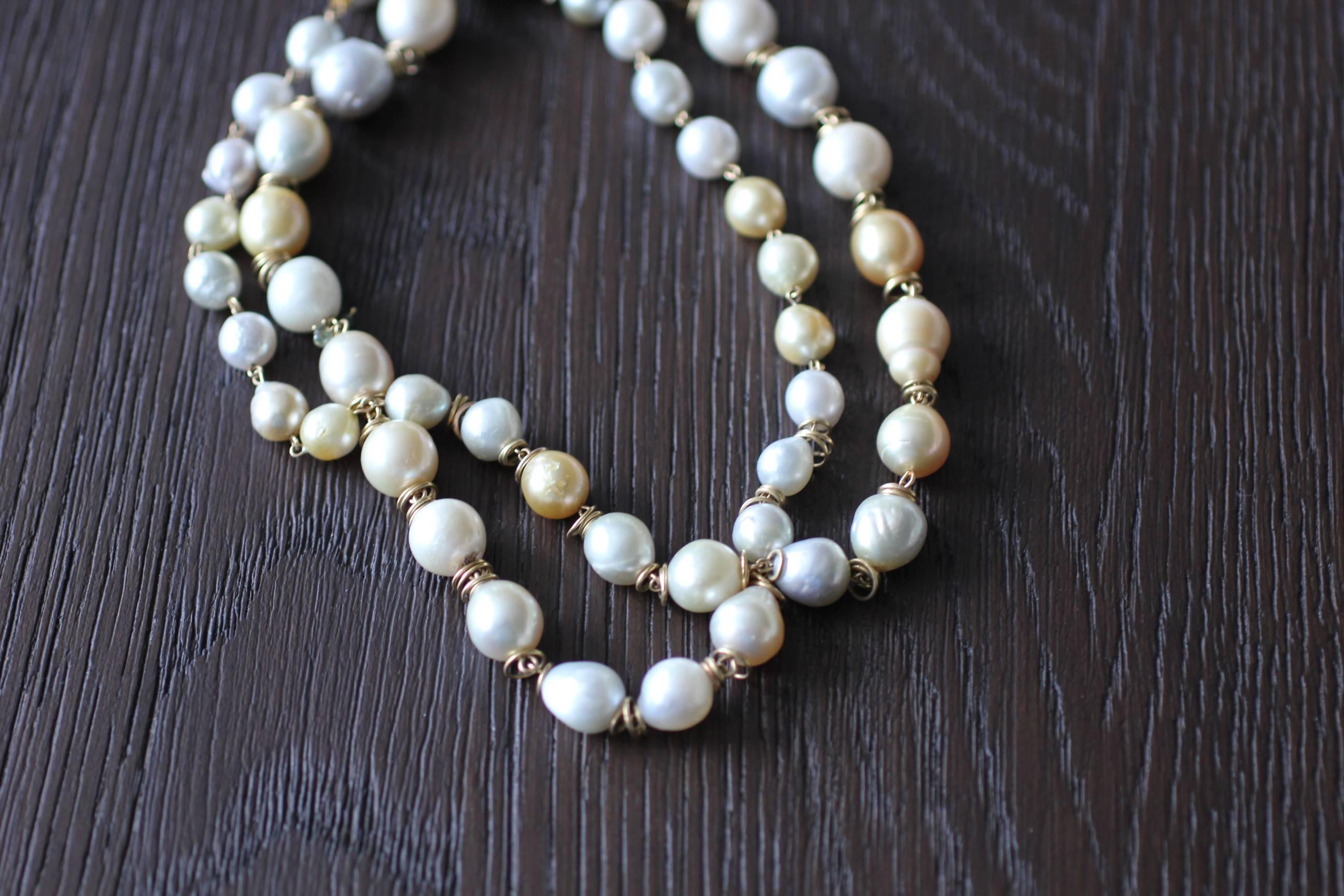 South Sea Pearls 18K Gold Beaded Link Necklace, White and Golden Baroque Pearls 9