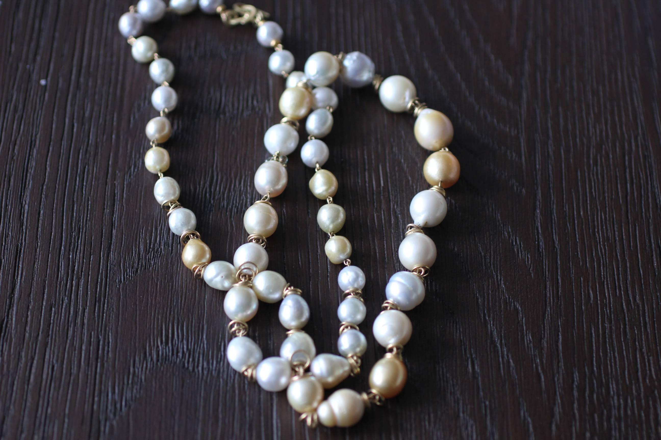 South Sea Pearls 18K Gold Beaded Link Necklace, White and Golden Baroque Pearls 10