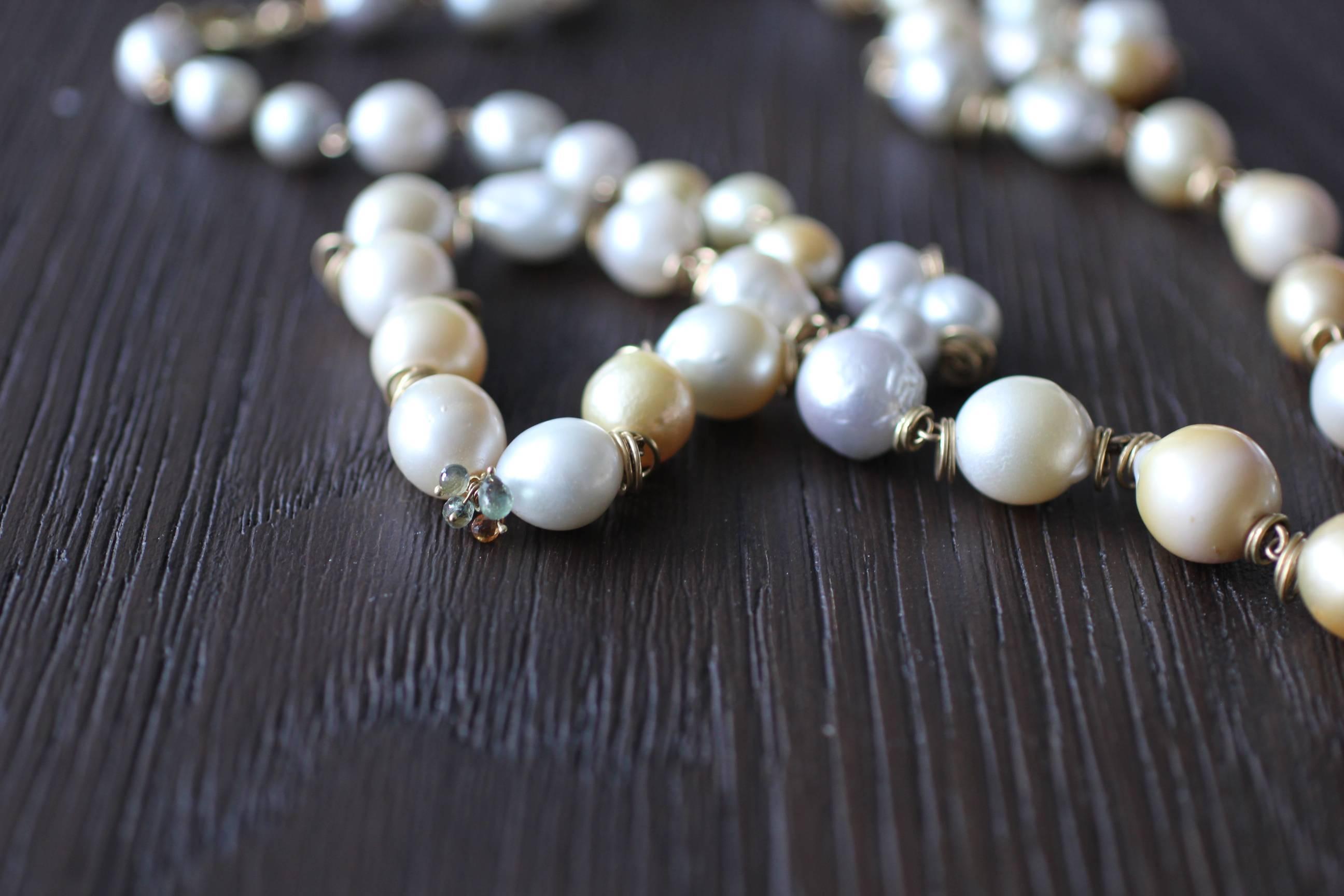 South Sea Pearls 18K Gold Beaded Link Necklace, White and Golden Baroque Pearls 11