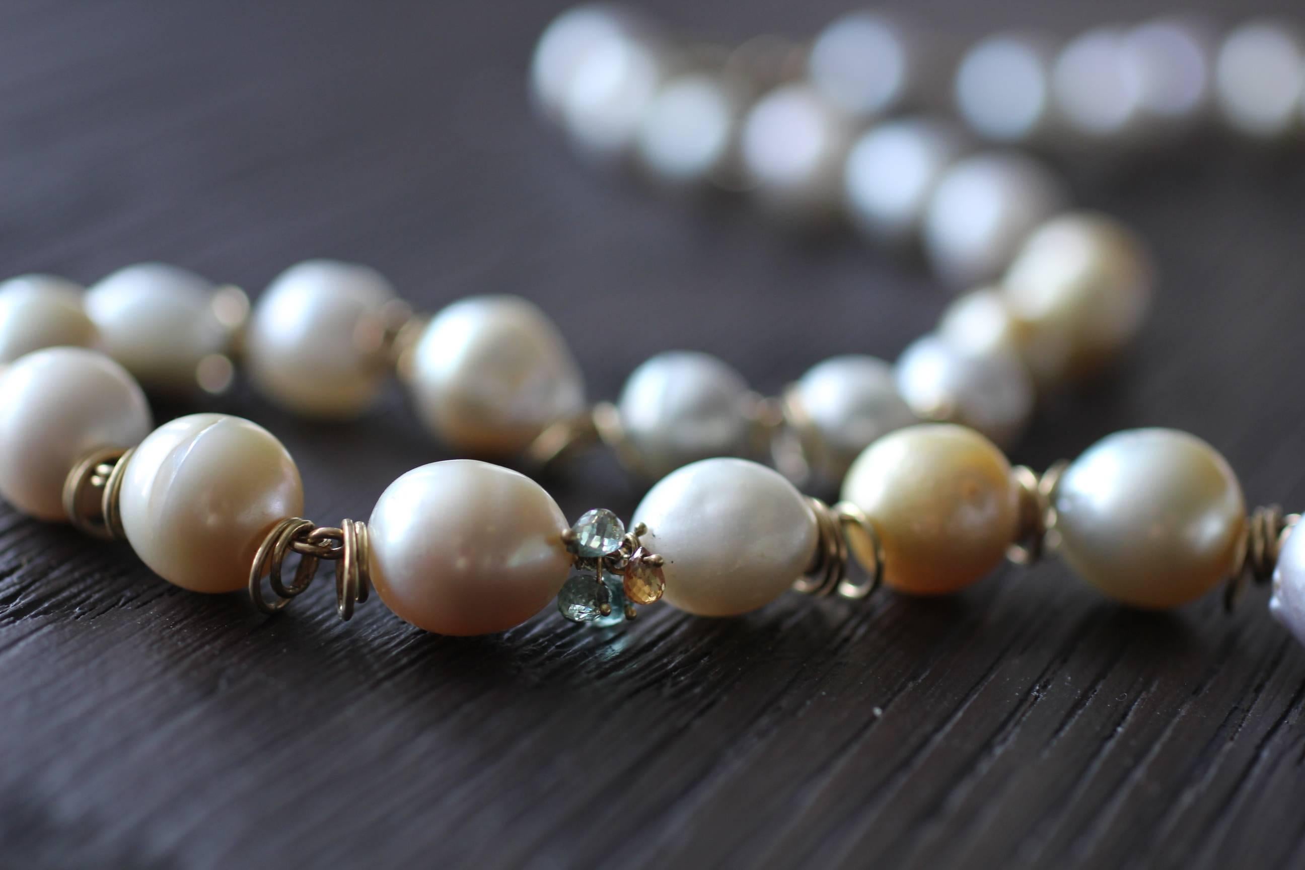 South Sea Pearls 18K Gold Beaded Link Necklace, White and Golden Baroque Pearls 13