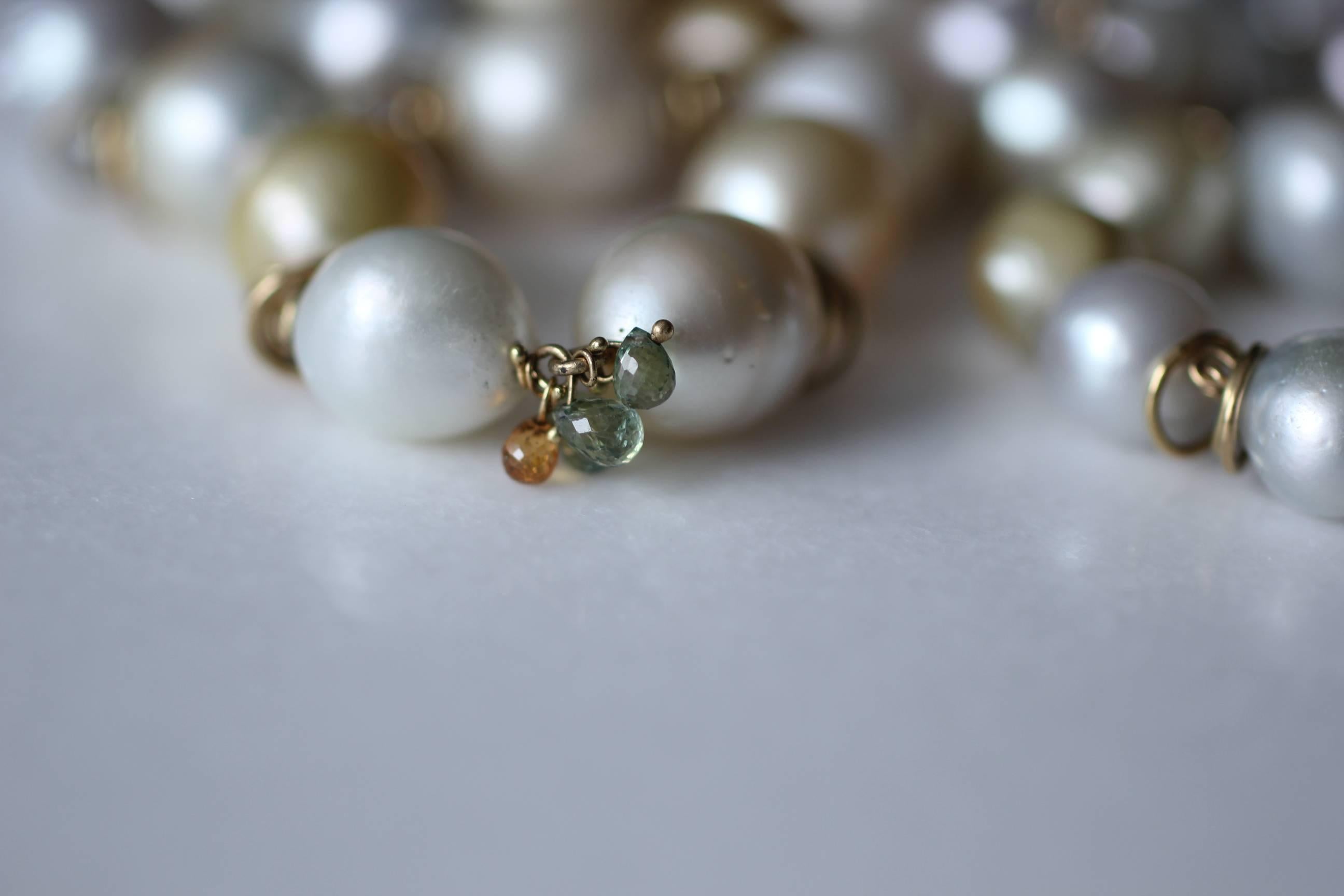 Modern South Sea Pearls 18K Gold Beaded Link Necklace, White and Golden Baroque Pearls