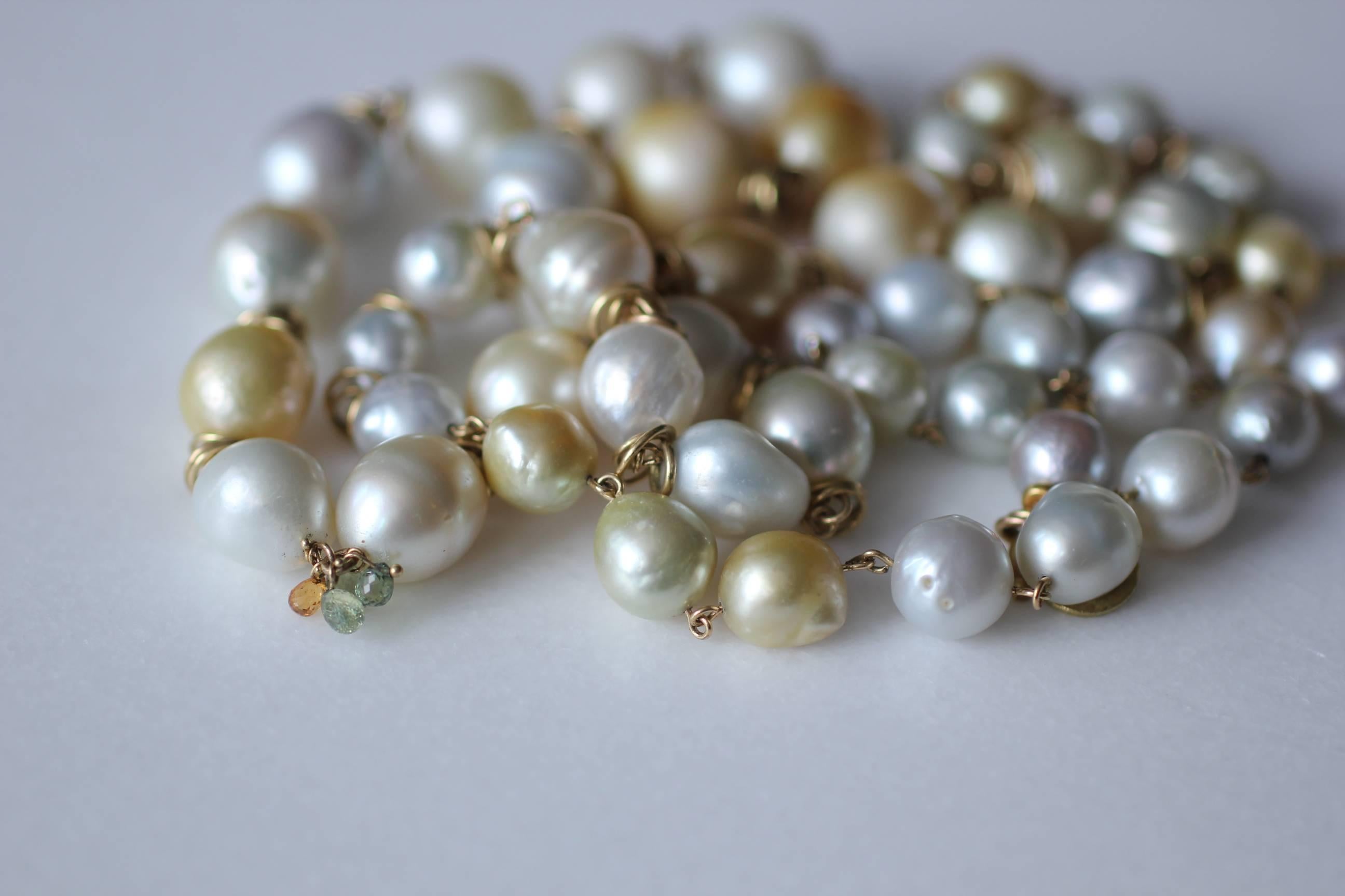 South Sea Pearls 18K Gold Beaded Link Necklace, White and Golden Baroque Pearls 2