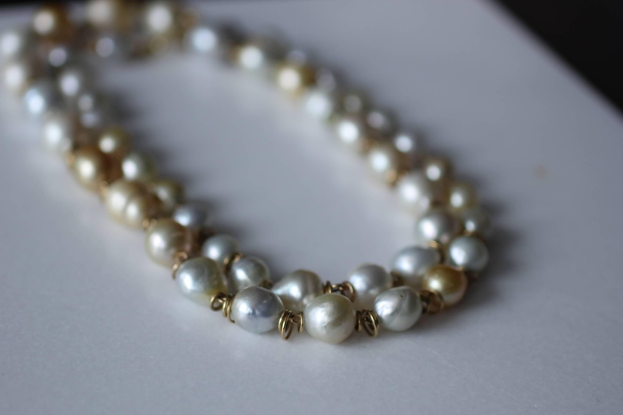 South Sea Pearls 18K Gold Beaded Link Necklace, White and Golden Baroque Pearls 3