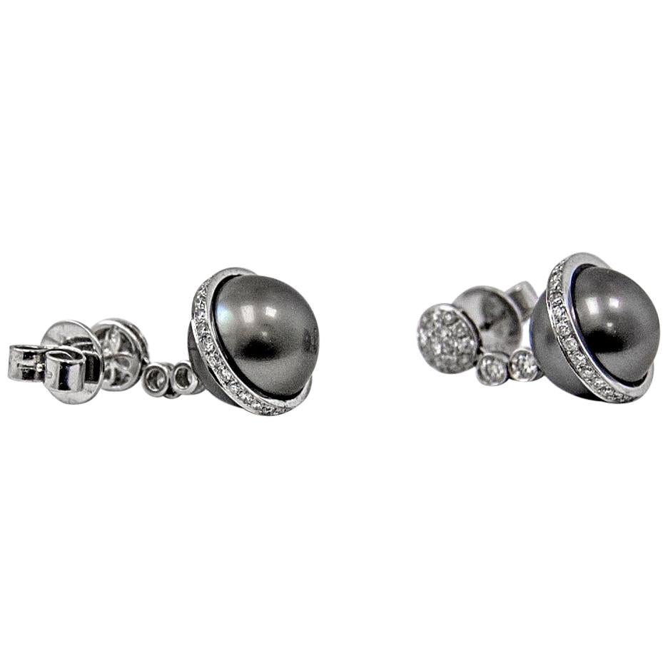 Women's South Sea Pearls and Diamond Drop Earrings 18 Karat White Gold For Sale