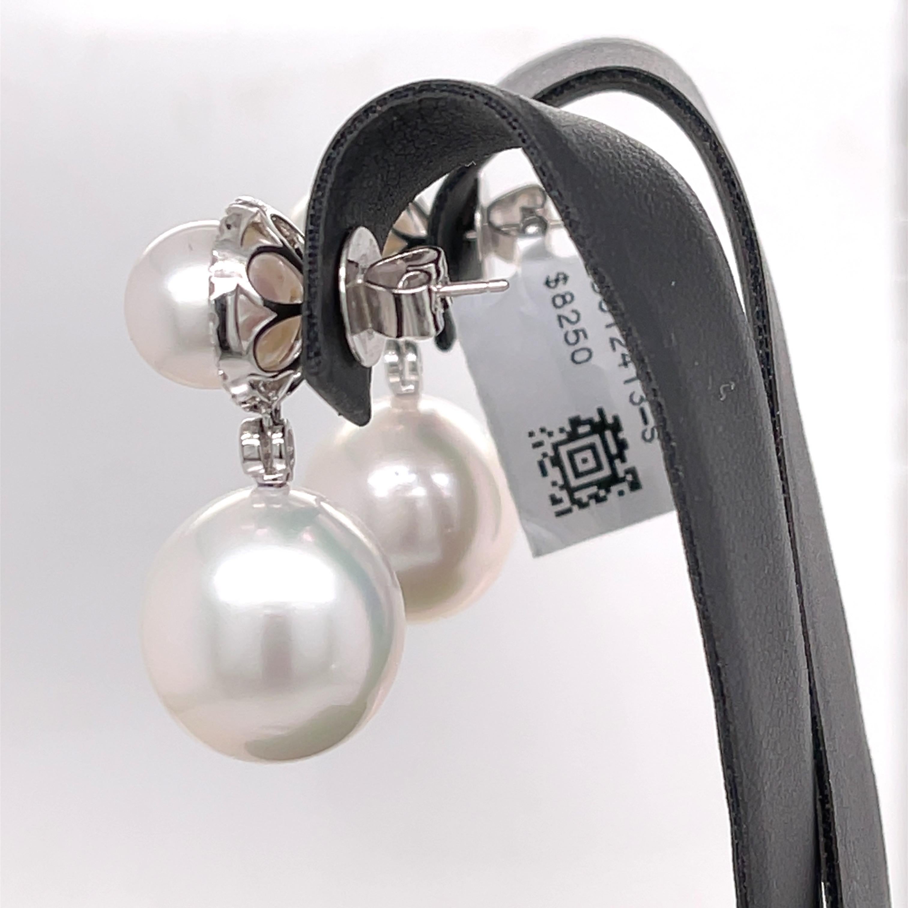 Round Cut South Sea Pearls and Diamonds Drop Dangle Earrings For Sale