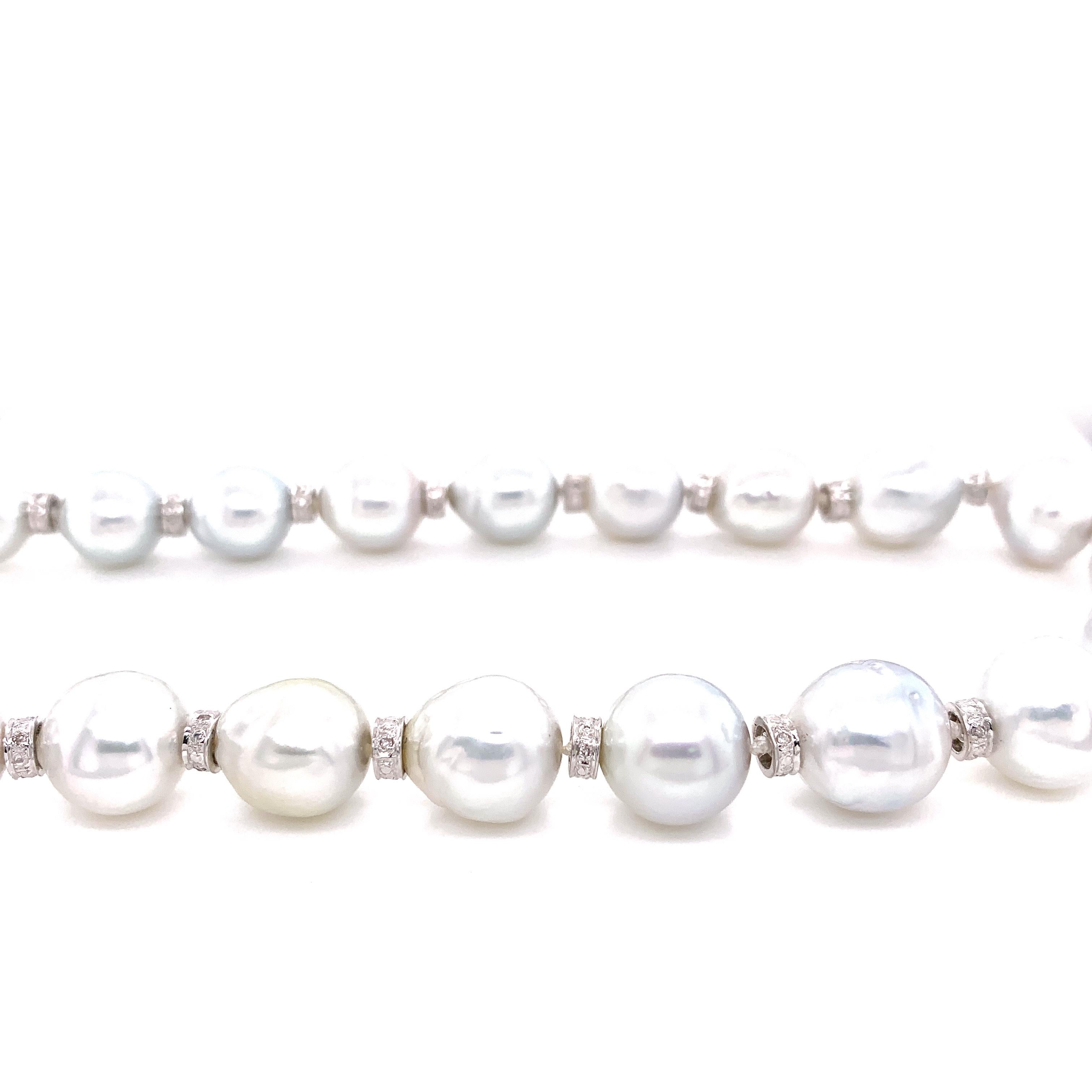 South Sea Pearls and White Diamond Clasp Gold Necklace :

An elegant necklace, it consists of a beautiful array of 35 white round South Sea pearls interspersed with 5mm diamond rondelles, and a designed white round brilliant diamond clasp. The South