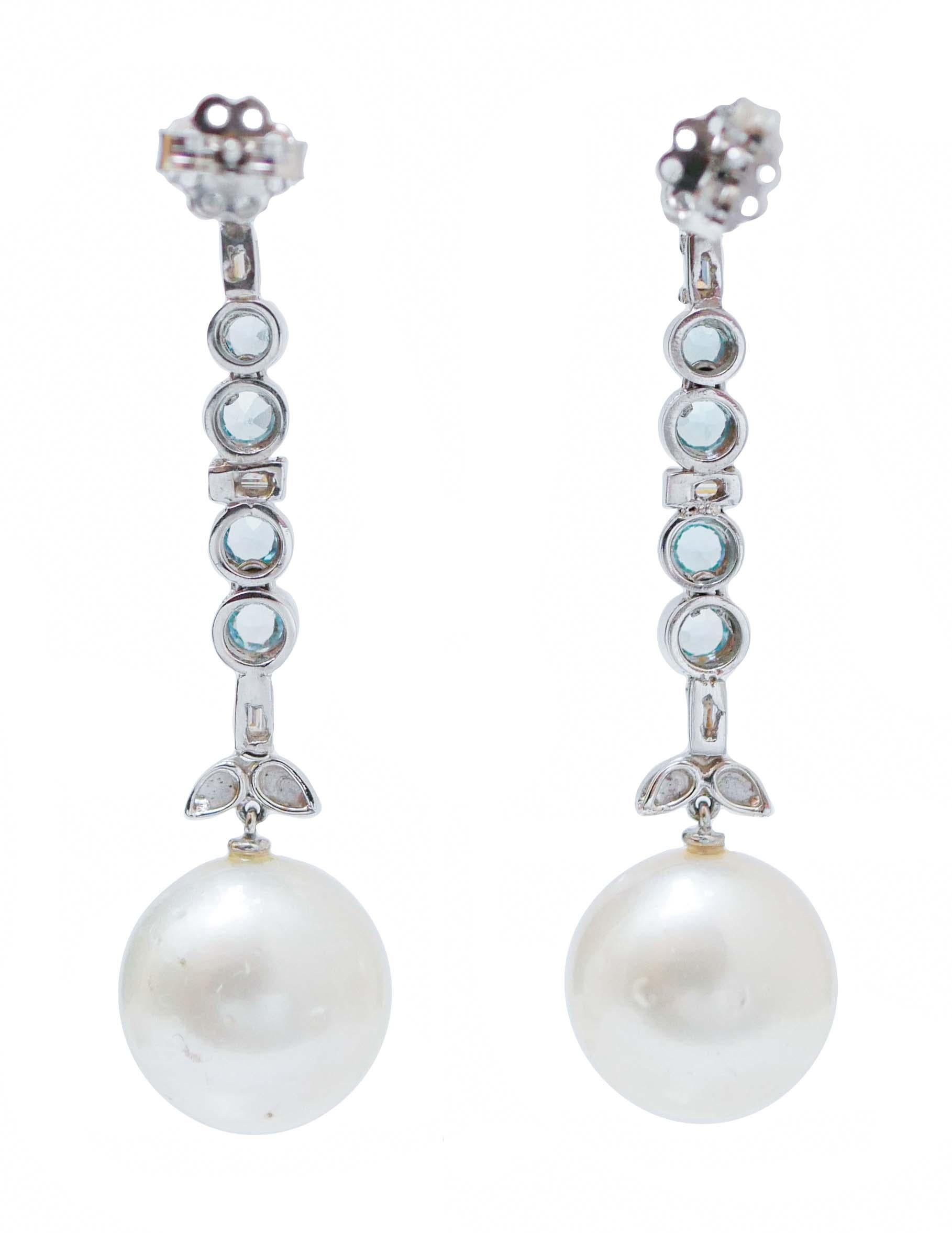 Retro South-Sea Pearls, Aquamarine, Diamonds, Platinum Earrings. For Sale