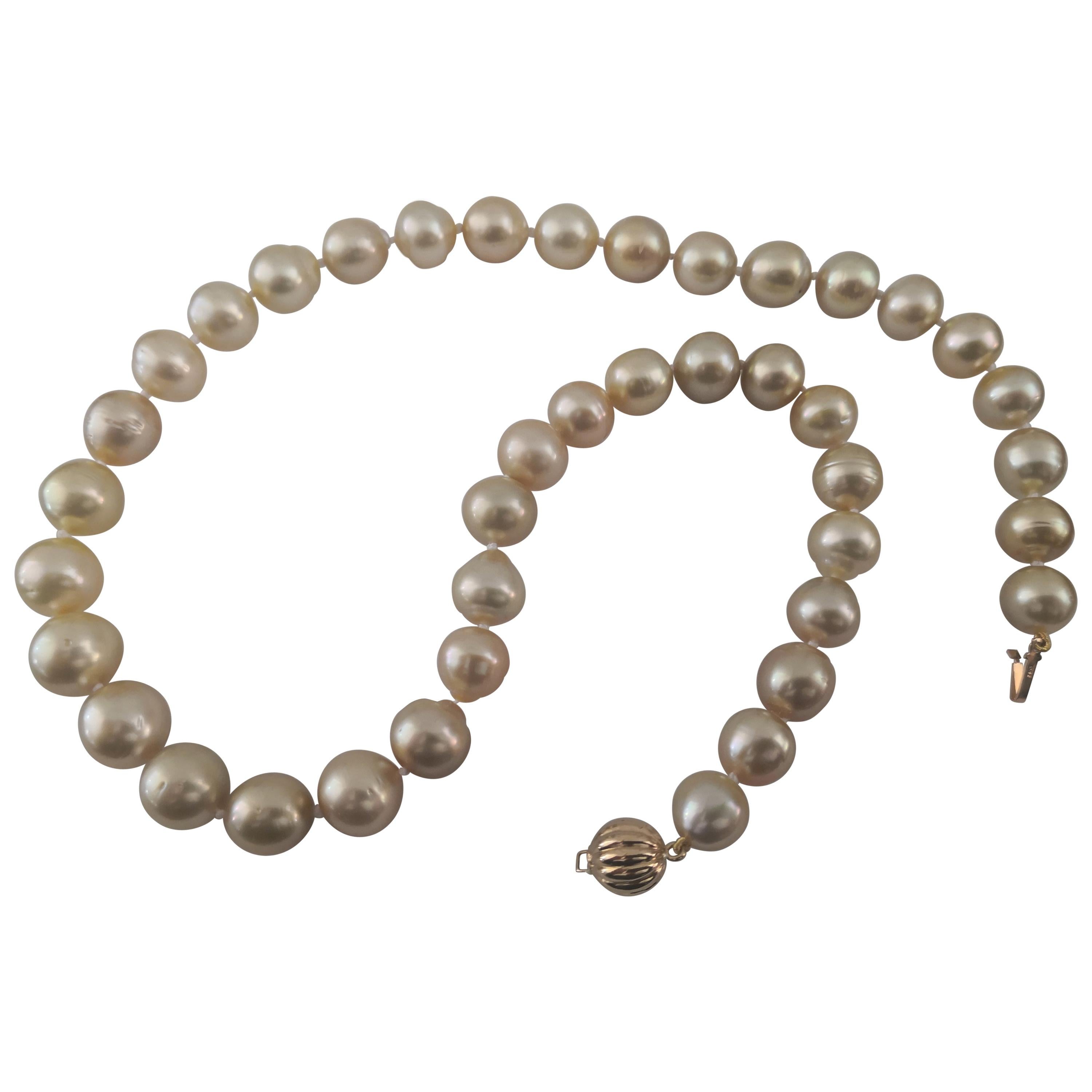 South Sea Pearls, Deep Golden Natural Color, 18 Karat Gold For Sale
