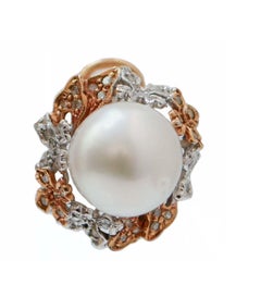 South- Sea Pearls, Diamonds, 14 Karat White Gold and Rose Gold Earrings.