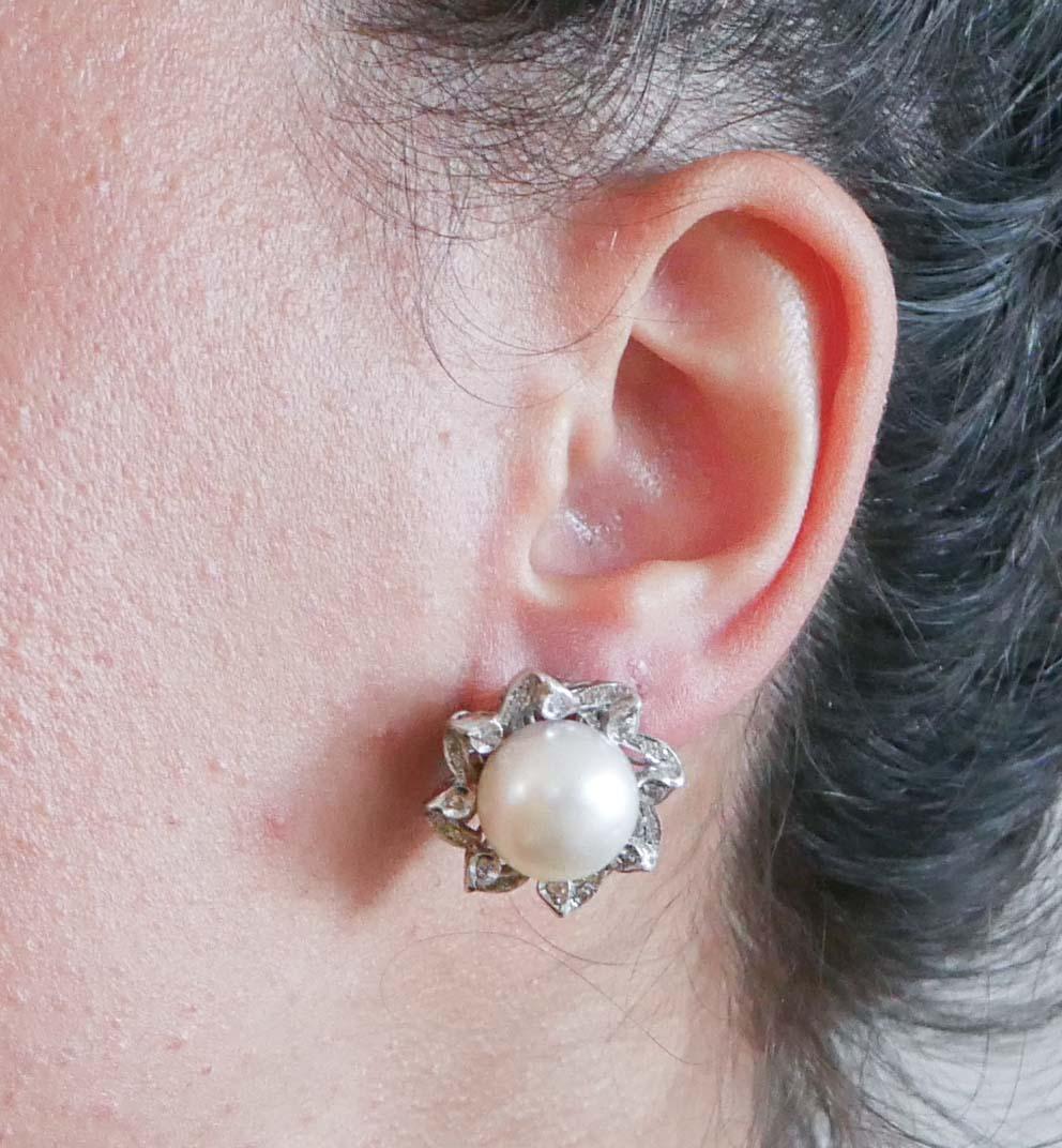 South-Sea Pearls, Diamonds, 14 Karat White Gold Retrò Earrings. In Good Condition For Sale In Marcianise, Marcianise (CE)