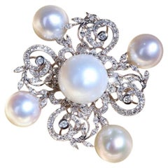 Broche/pendentif en or 14K avec perles des mers du Sud et diamants