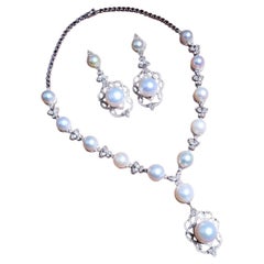 South Sea Pearls & Diamonds 14k Gold Necklace & Earrings