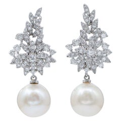 South-Sea Pearls, Diamonds, 18 Karat White Gold Dangle Earrings